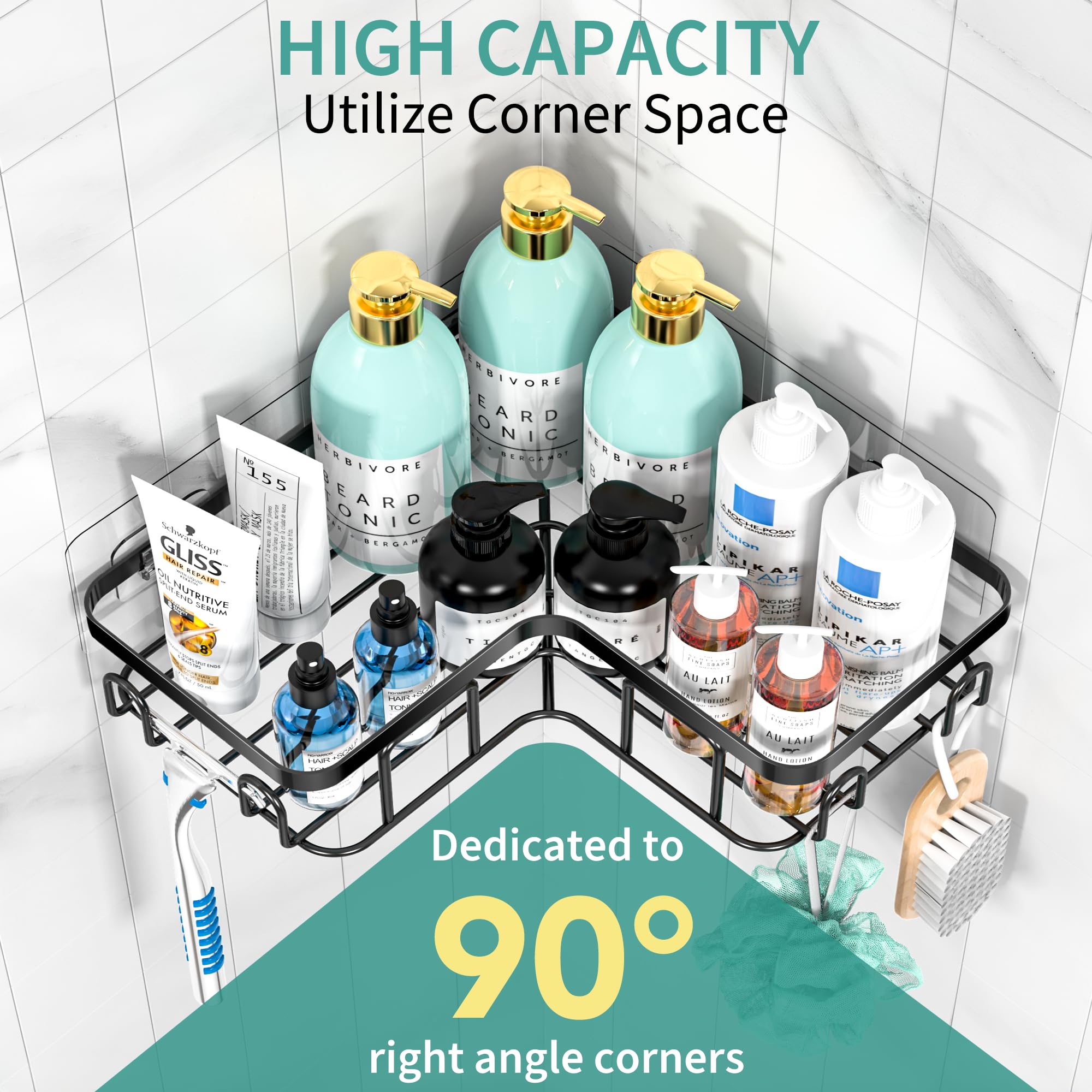 Moforoco Adhesive Corner Shower Caddy, 3 Pack Organizer Shelf With Soap Holder And 12 Hooks, Shelves Rustproof For Bathroom, Sto