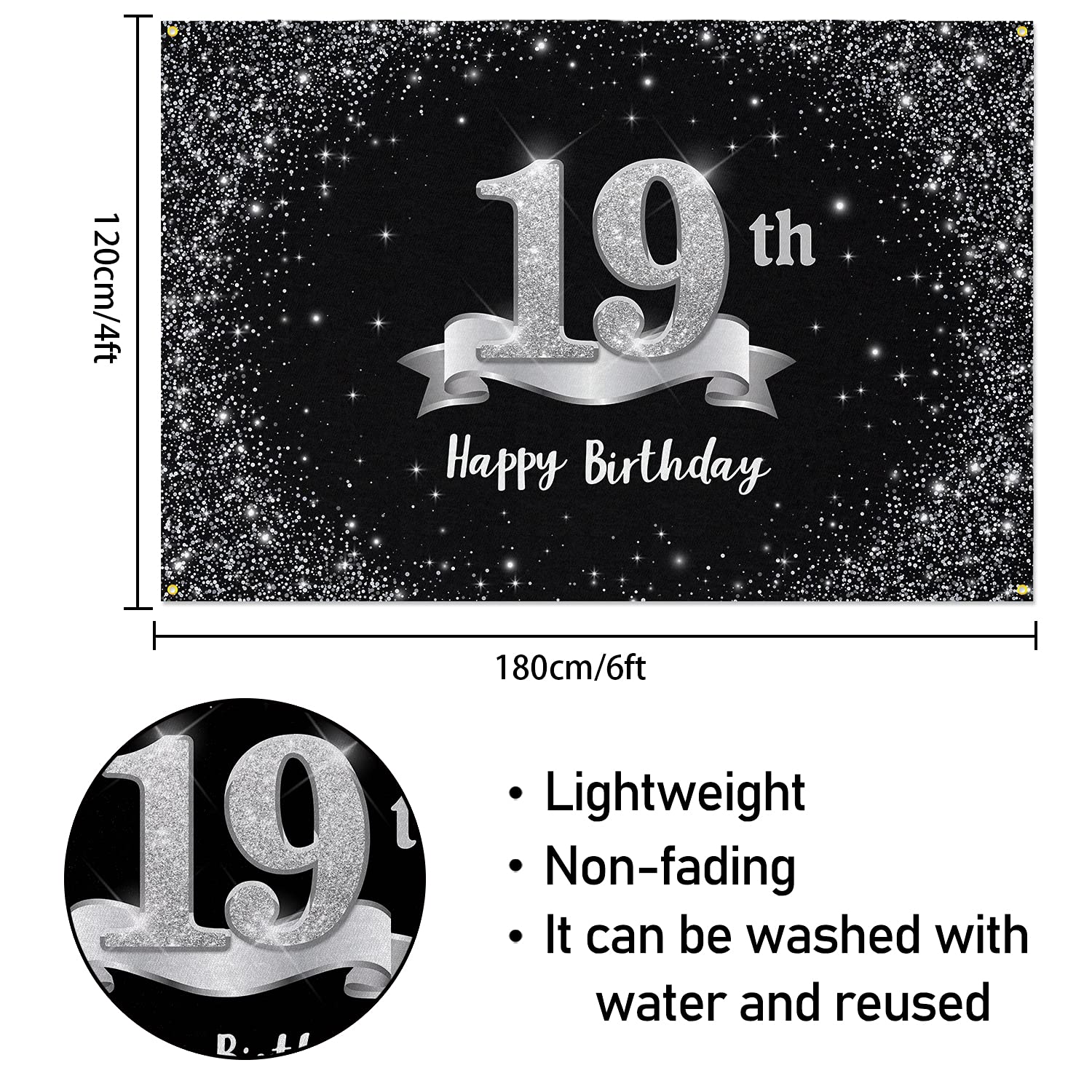 Hamigar 6X4Ft Happy 19Th Birthday Banner Backdrop - 19 Years Old Birthday Decorations Party Supplies For Women Men - Black Silve