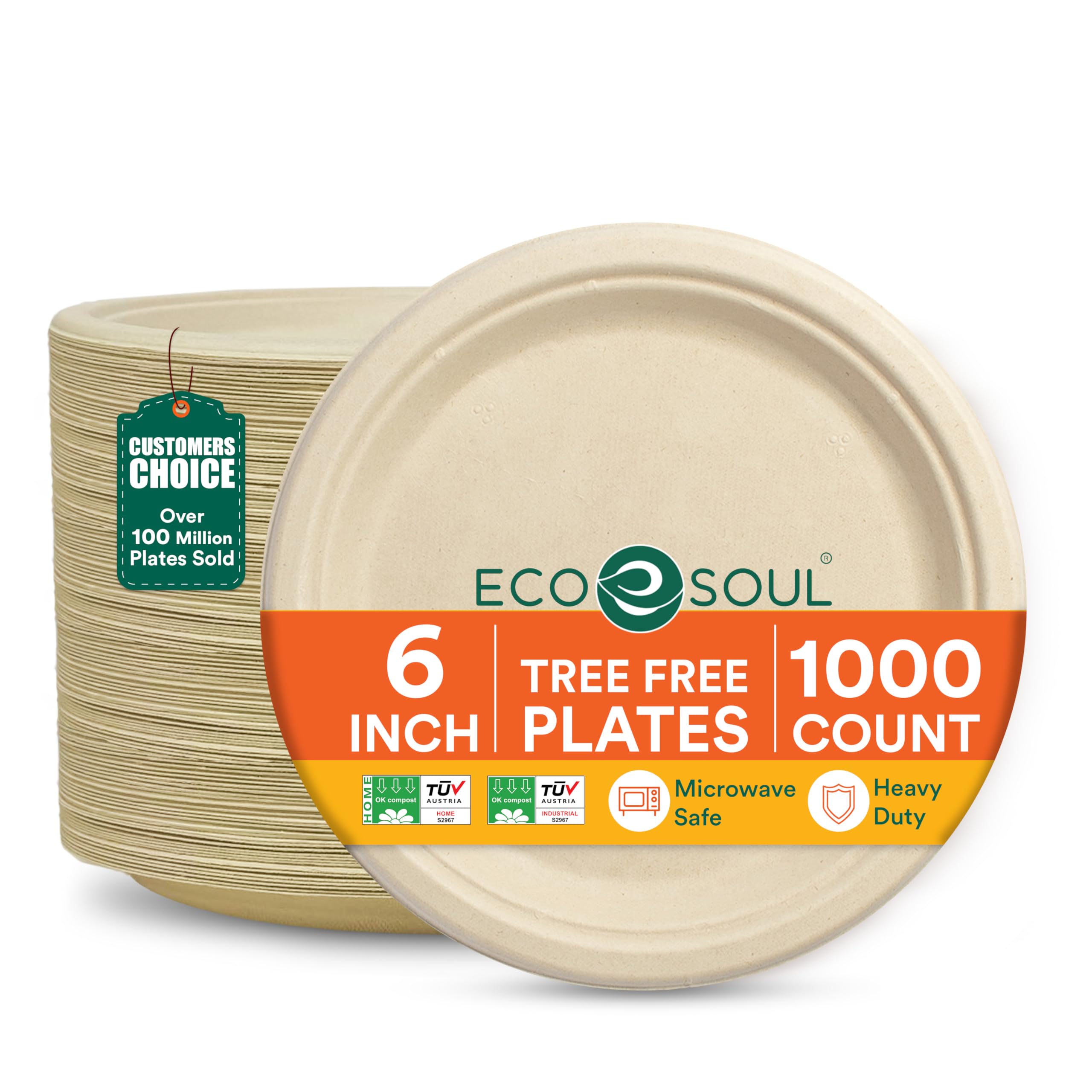 ECO SOUL Compostable Paper Plates 6 Inch, 1000 Pack - Small Disposable Dessert Plates, Heavy Duty, Natural Bagasse, Leak Resista