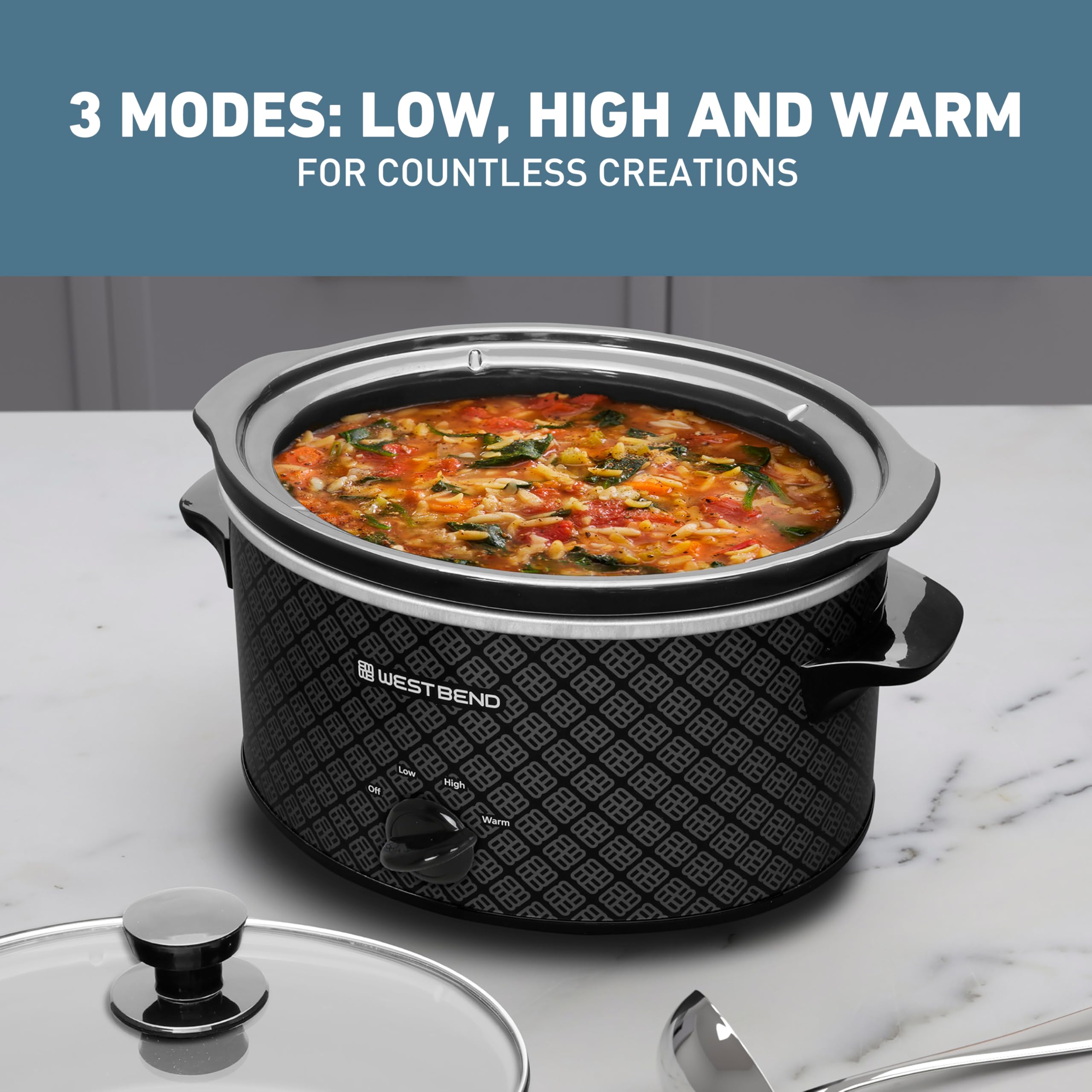 West Bend Slow Cooker 4-Quart Manual Crockery Style With Dishwasher Safe Oval Ceramic Crockpot And Glass Lid Two Temperature Set