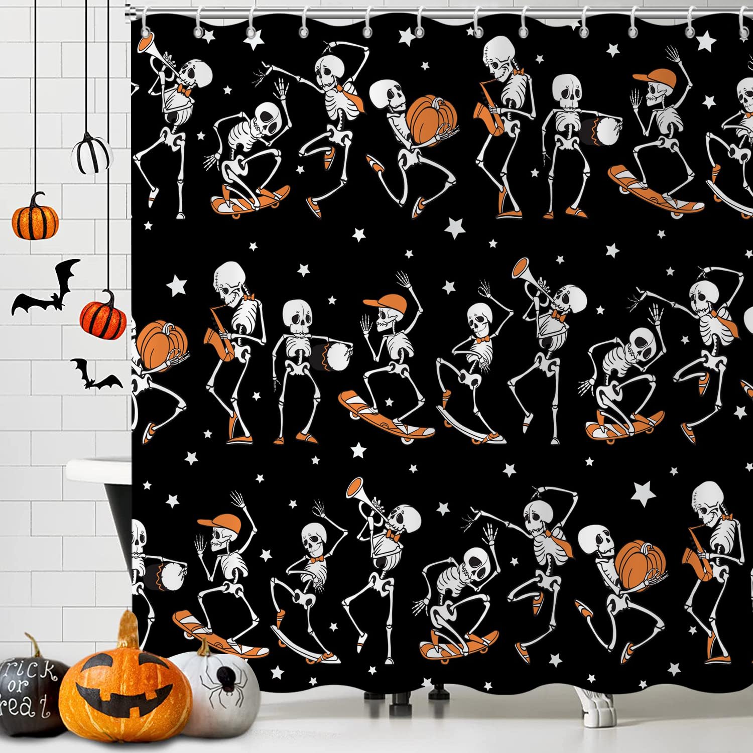 Gcirec Halloween Shower Curtain, Rock And Roll Music Lover Skull Skeleton Bone Band Funny Bathroom Curtain Bathtub Home Decor Wa