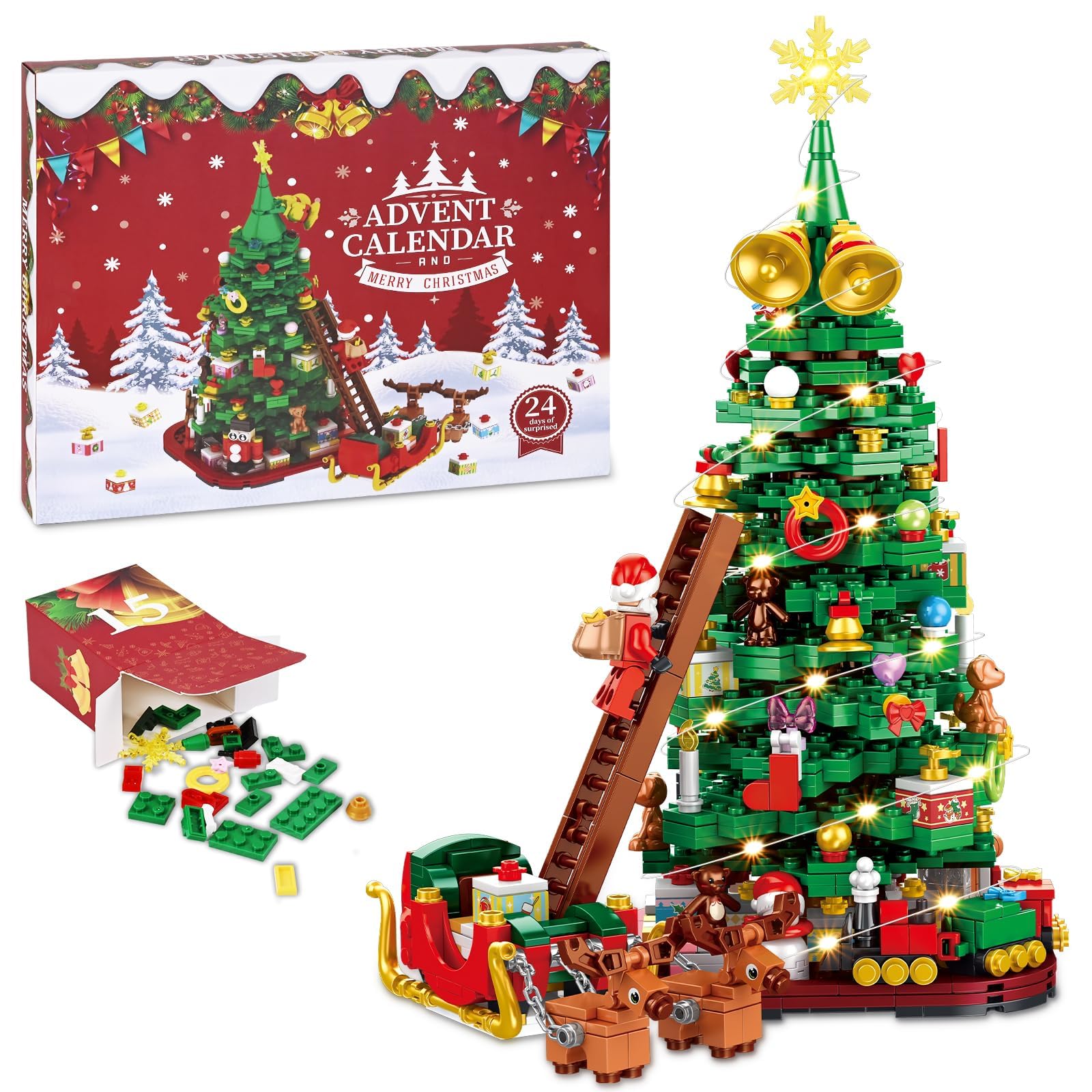 Siyaluens Advent Calendar 2025 - Christmas Tree Building Block Set, 1011 Pieces Christmas Santa Claus Moose Toy Decorations Buil