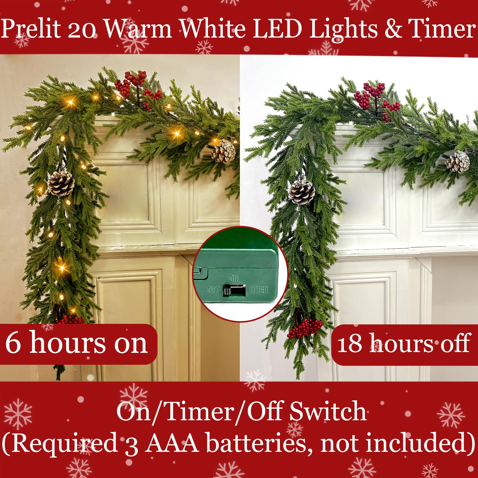 6FT Pre-lit Christmas Cedar Garland with 20 Warm White LEDs Timer Red Berries Pinecones and Soft Vine, Lighted Christmas Garland
