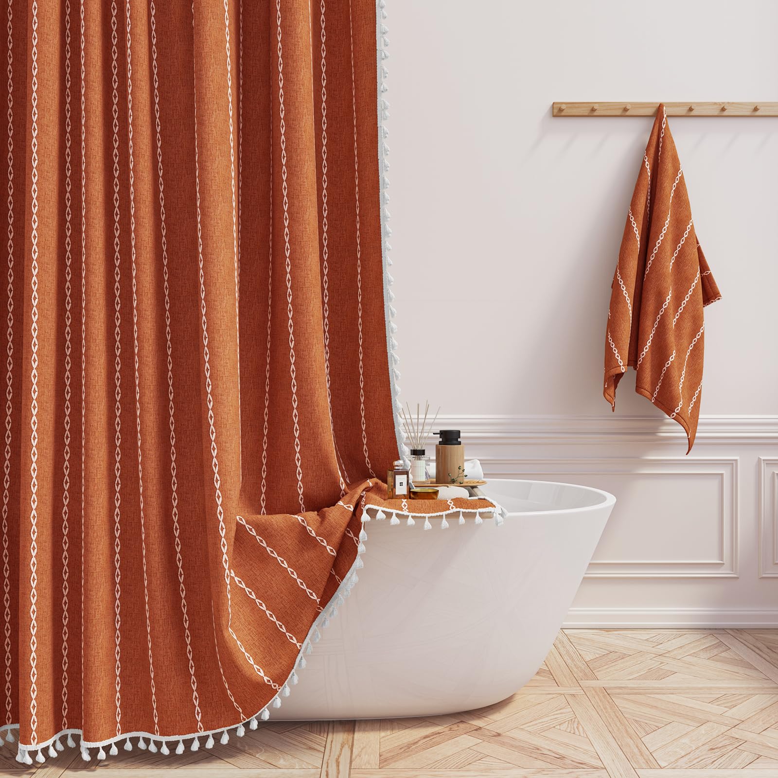 Bttn Extra Long Shower Curtain, 72X84 Inch Long Boho Tassel Linen Fabric Shower Curtain Set With Plastic Hook, Large Modern Farm