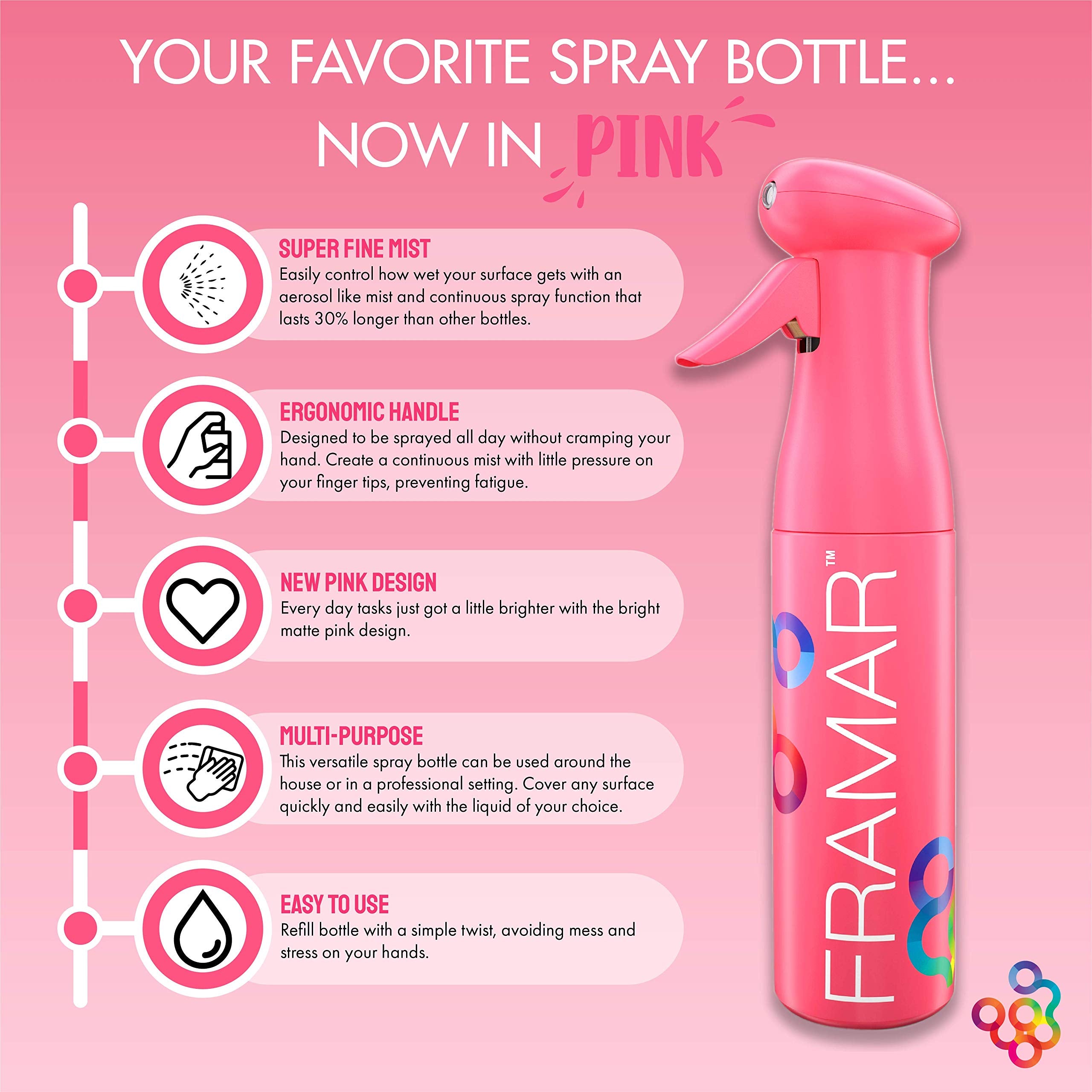 Framar Pink Premium Hair Spray Bottle Continuous Mist, Water Spray Bottle For Face & Hair, Atomizer & Plant Mister Spray Bottle