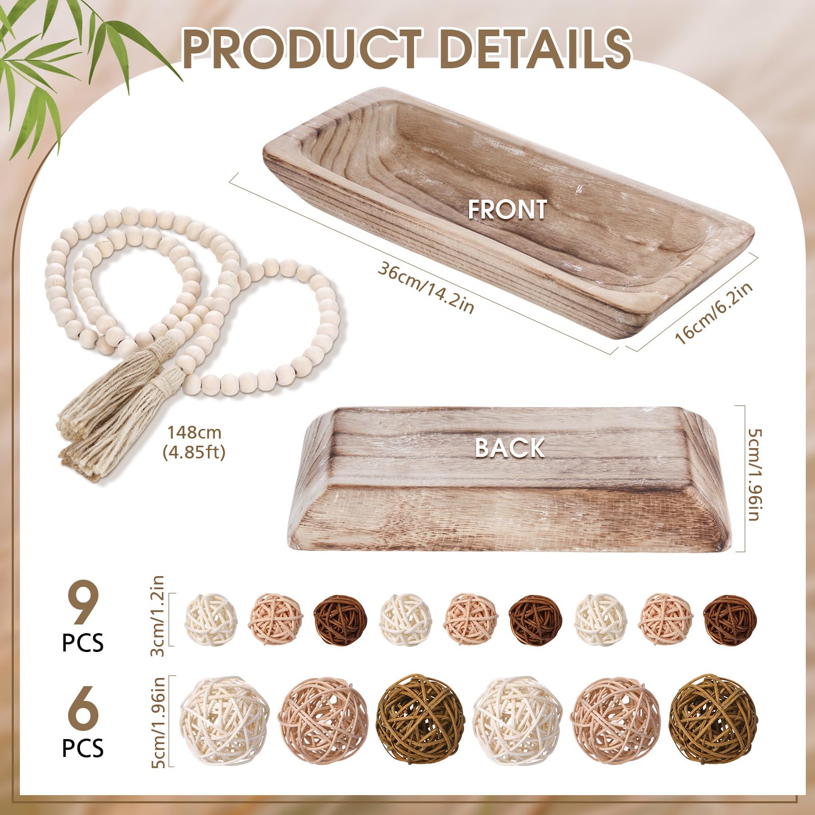 Teenyyou 17 Pcs Wooden Centerpiece Table Decorations Wood Dough Bowl Wicker Rattan Balls Beads String with Tassel Natural Decora