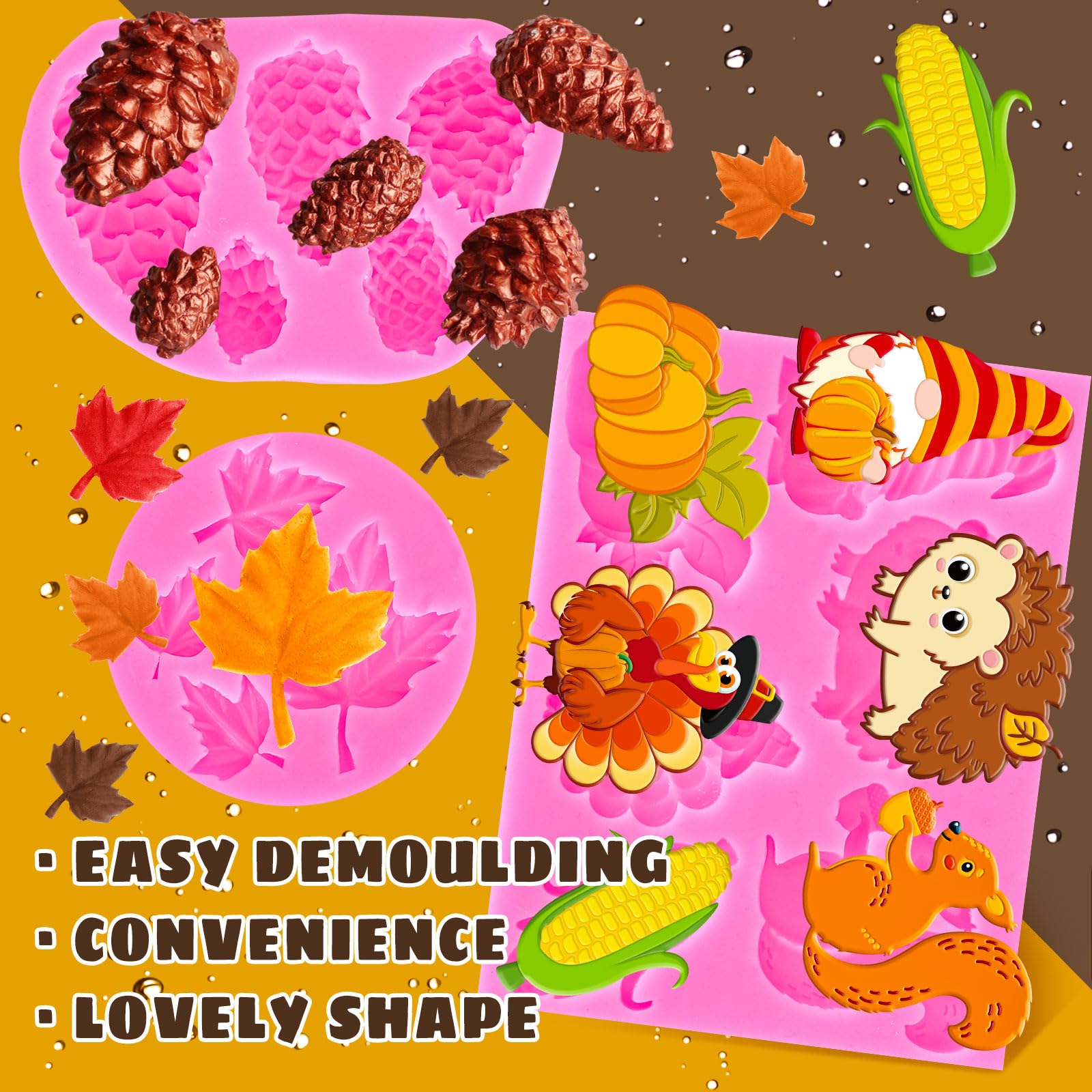 Whaline 3Pcs Fall Animals Fondant Molds Hedgehog Squirrel Turkey 3D Silicone Moulds Maple Leaf Pine Cone Pattern Resin Molds Aut