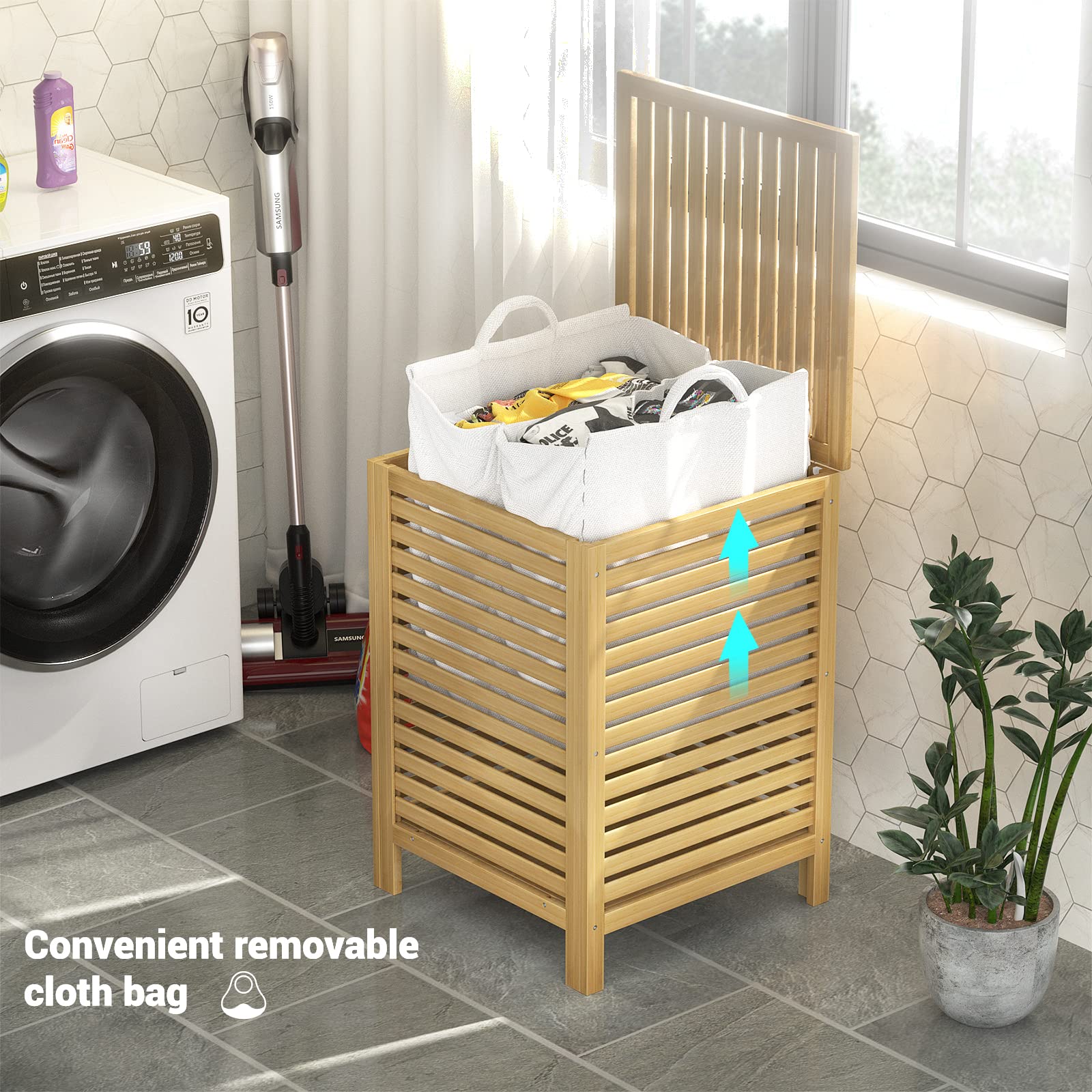 Homykic Bamboo Laundry Hamper  2-Section 120L Laundry Hamper with Lid and Removable Liner Bag  Large Raised Laundry Basket Sorter?for Clothes  Bathroom  Bedroom  Easy to Assemble  Natural