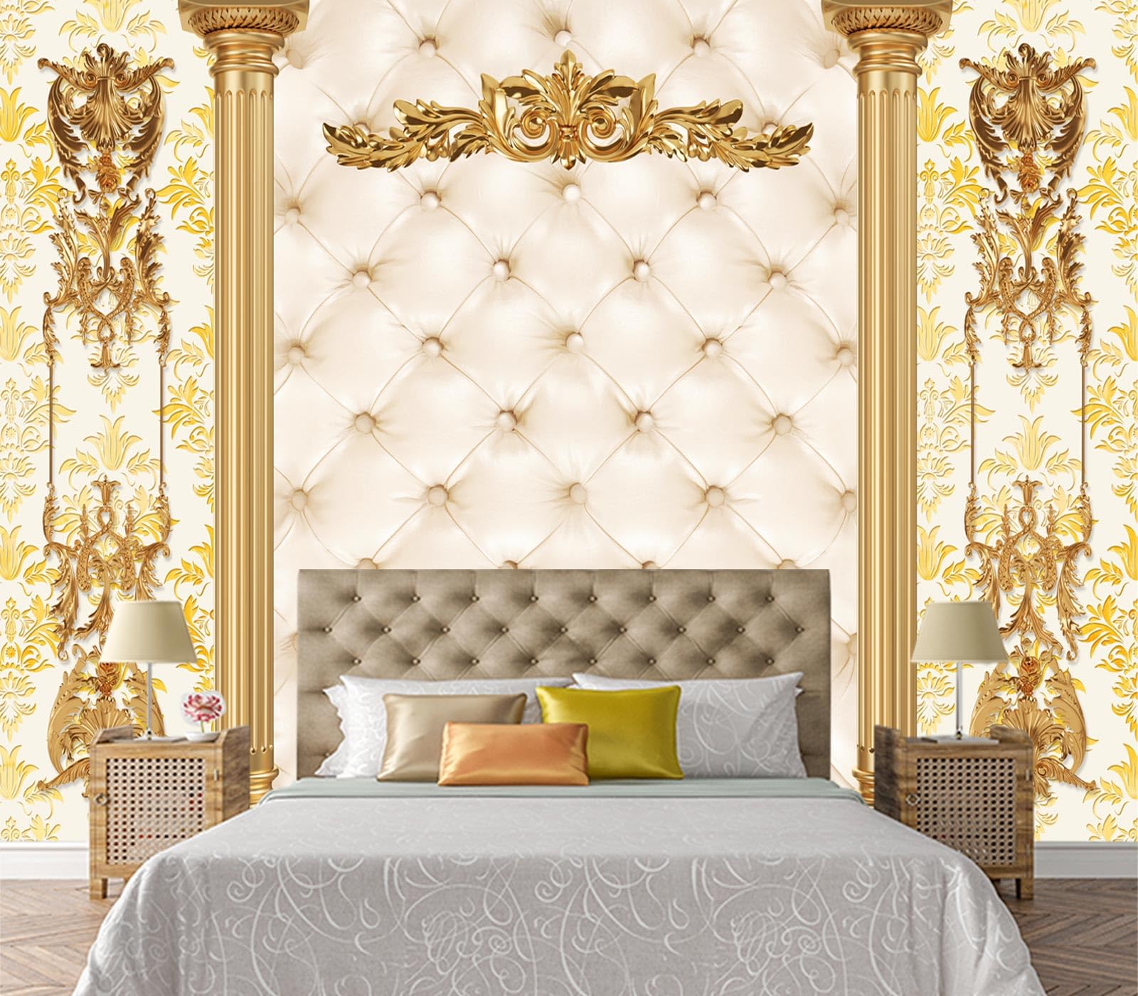 JHGRXFHB-Off-White Diamond Quilted Soft Bag Design, Golden Roman Columns Peel and Stick 160 x 114