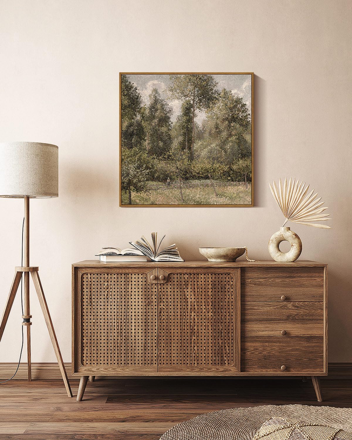 Insimsea Square Framed Canvas Wall Art, Large Decor Poplars In Garden Paintings, Classical Nature Wall Pictures For Bedroom Bath