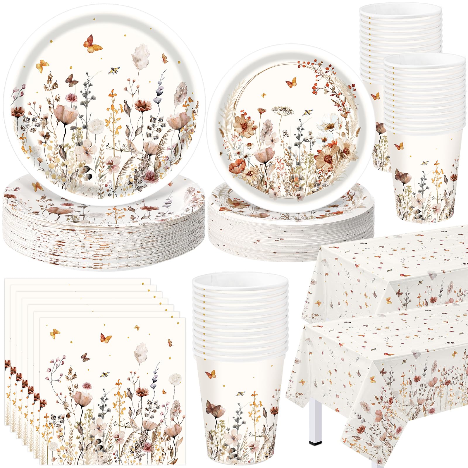 Layhit 202 Pcs Fall Wildflower Party Decoration Supplies Brown Floral Paper Plates Napkins Cups Butterfly Wildflower Tablecloth 