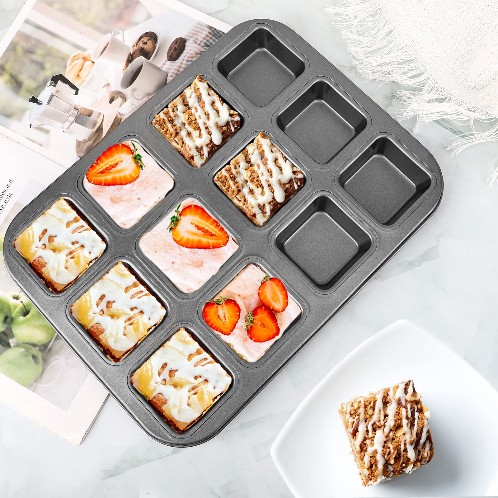 Beasea Brownie Pan With Dividers, 1 Set 12 Cavity All Edges Square Cupcake Brownie Pans Mini Cake Non Stick Baking Carbon Steel