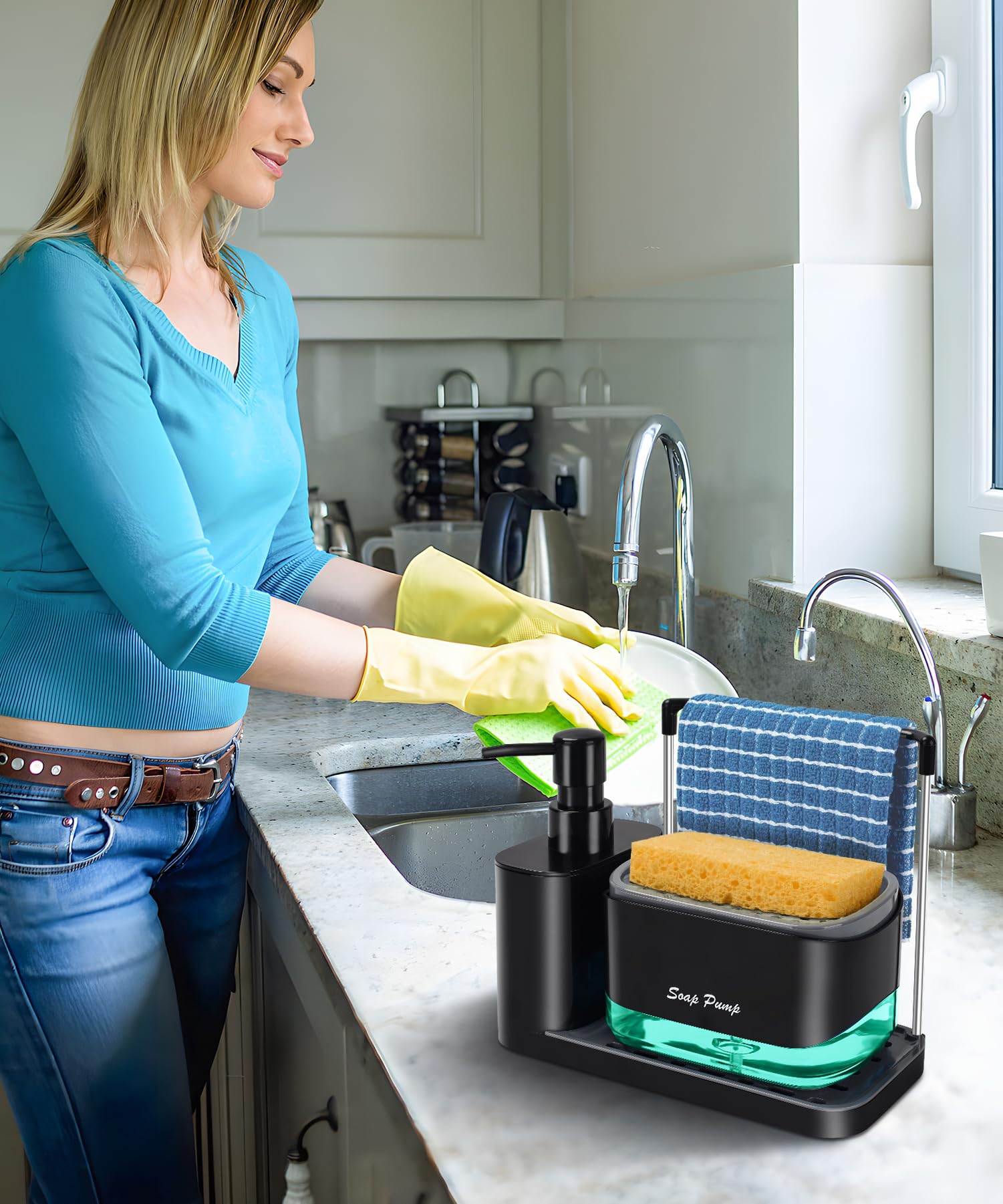 Eavida Kitchen Soap Dispenser Set - 5-in-1 Organizer with Tray & Sponge Holder, Plastic, Black, Model KSD-202310-01