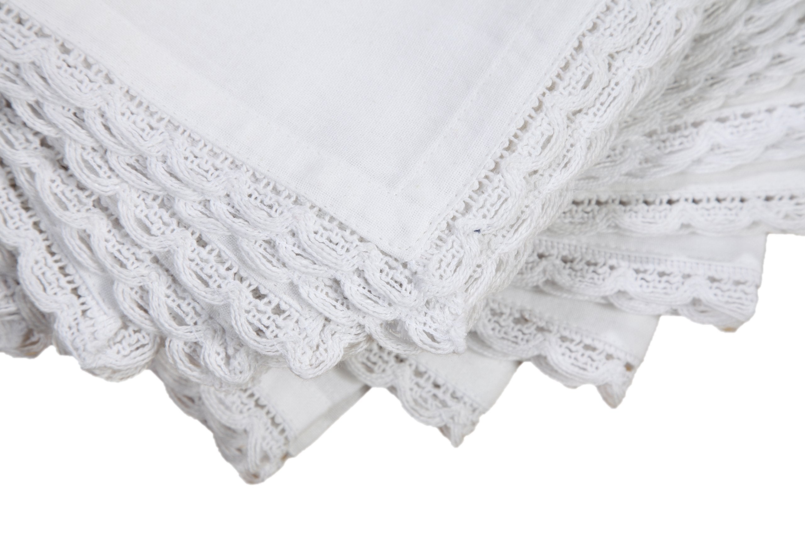 Linen Clubs - Cotton Slub Dinner Napkins With Crochet Lace - White - 16X16 (Set Of 6) - 100% Cotton Slub With Linen Look