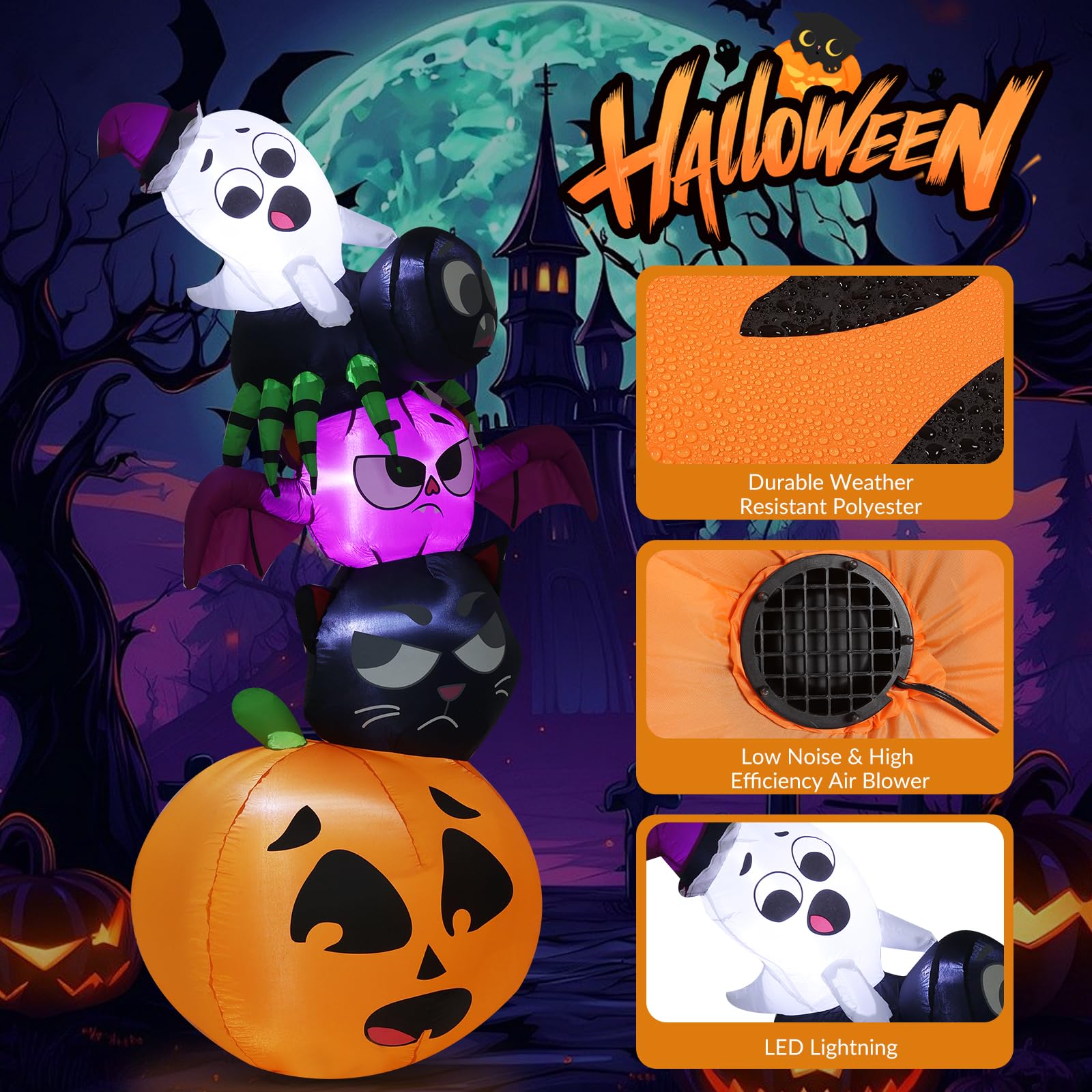 7FT Halloween Inflatables Outdoor Decoration, Cute Stacked Pumpkin Ghost Cat Bat Spider Blow Up Yard Decor with Built-in Lights