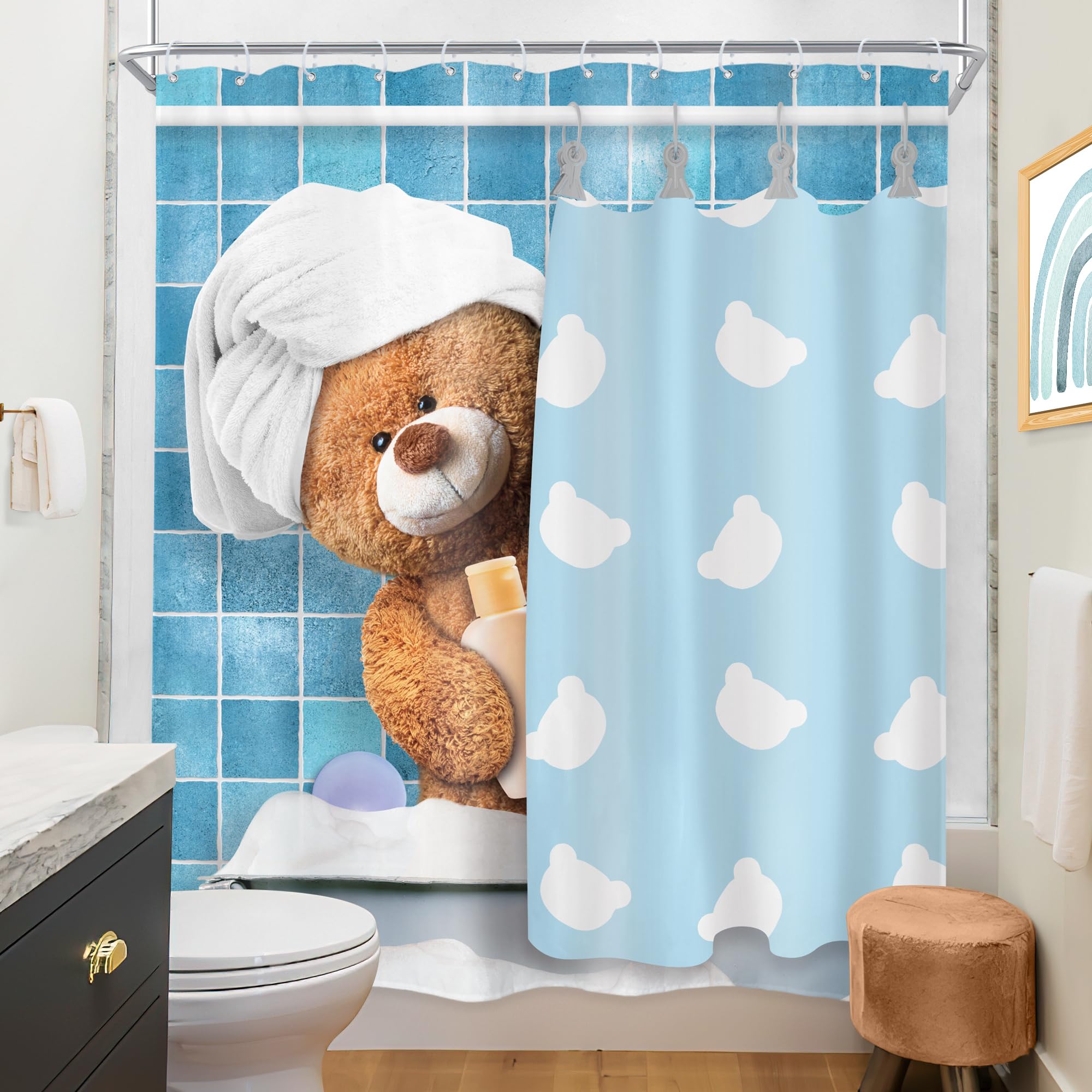 Riyidecor Funny Bear Shower Curtain 60Wx72H Inch Kids Cute Cartoon Blue Bathing Animal In Bathtub Bubbles Lovely Modern For Boys