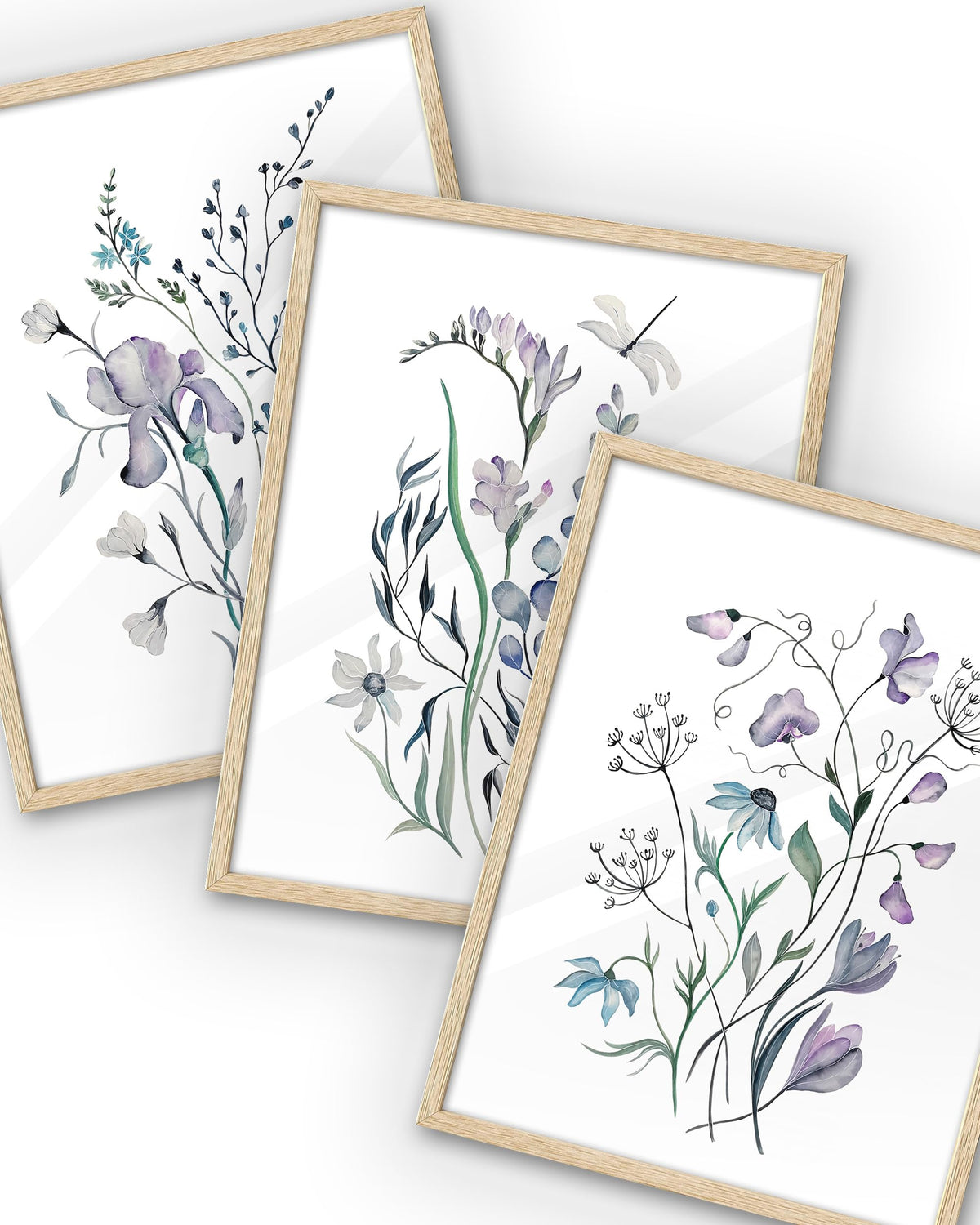 Ihery Natural Oak Wood Framed Blue Floral Wall Art, 12X16 In Set Of 3 Colorful Wildflower Canvas Prints, Beige Narrow Frame Bota