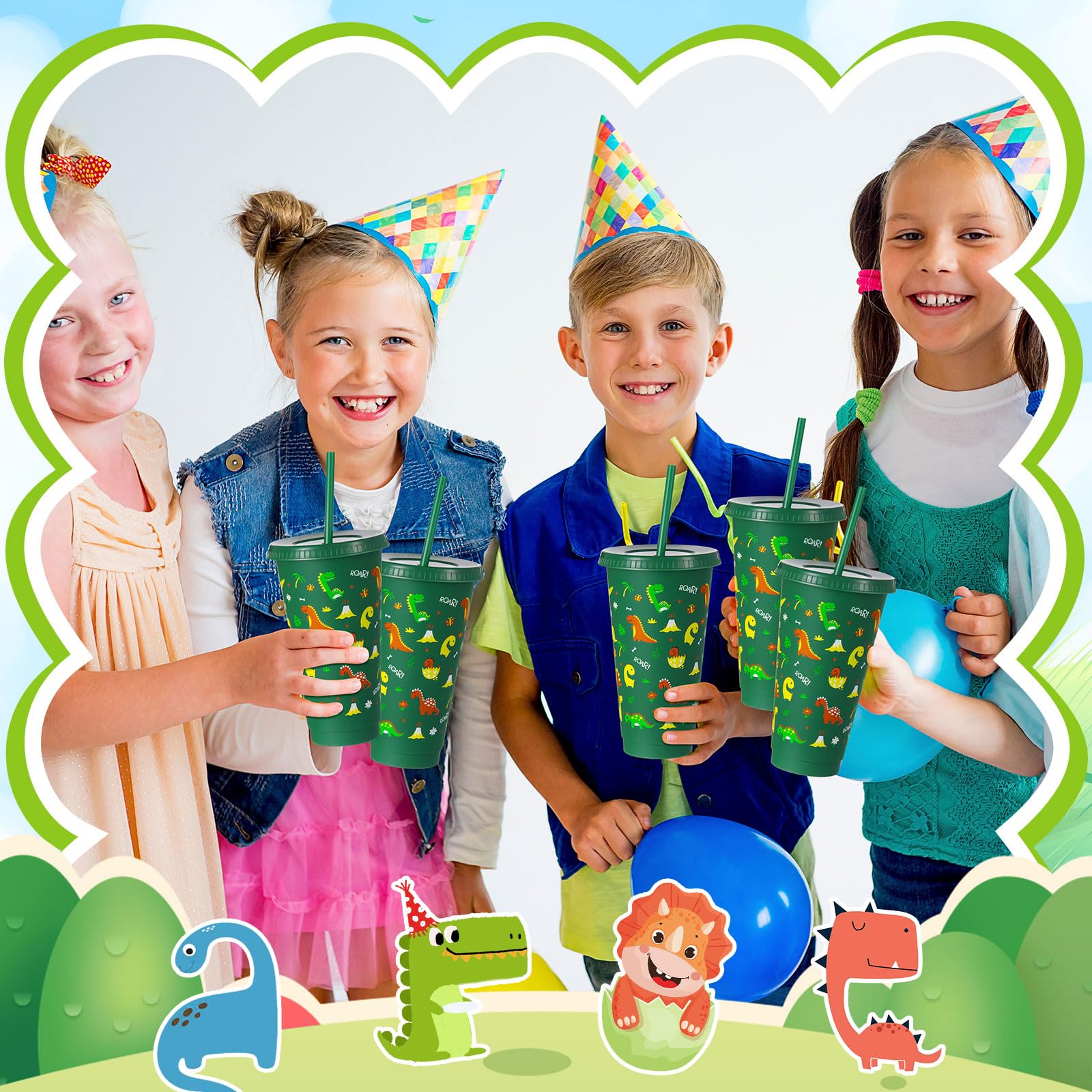 Uiifan 24 Pcs Plastic Dinosaur Cups for Kids 24oz Reusable Dino Tumbler with Lid and Straw Dino Party Favors Drinking Cups for K