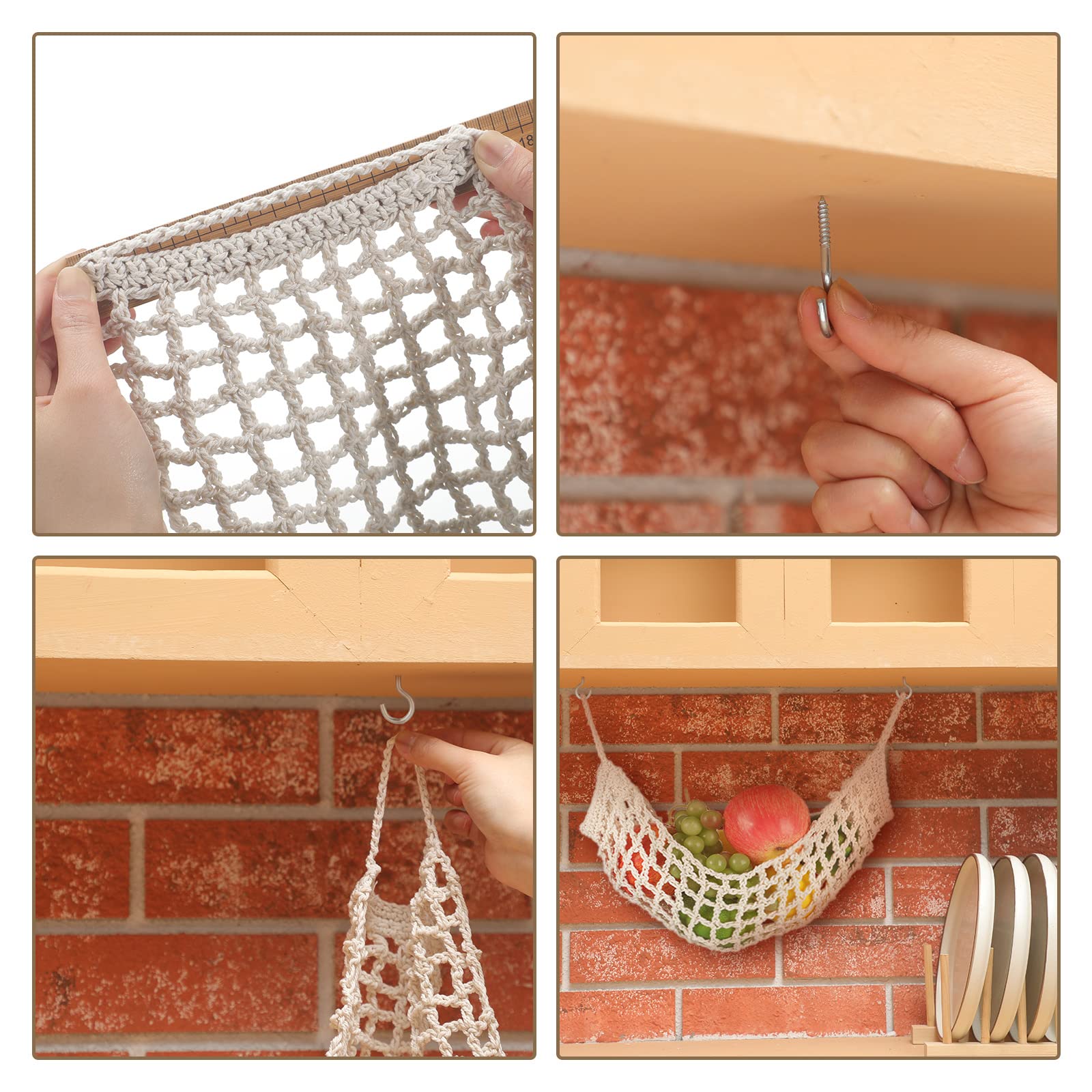 2 Pcs 11.8 X 20 Inch Macrame Fruit Hammock For Kitchen Under Cabinet Hanging Fruit Baskets Handwoven Cotton Veggie Decorative Fr