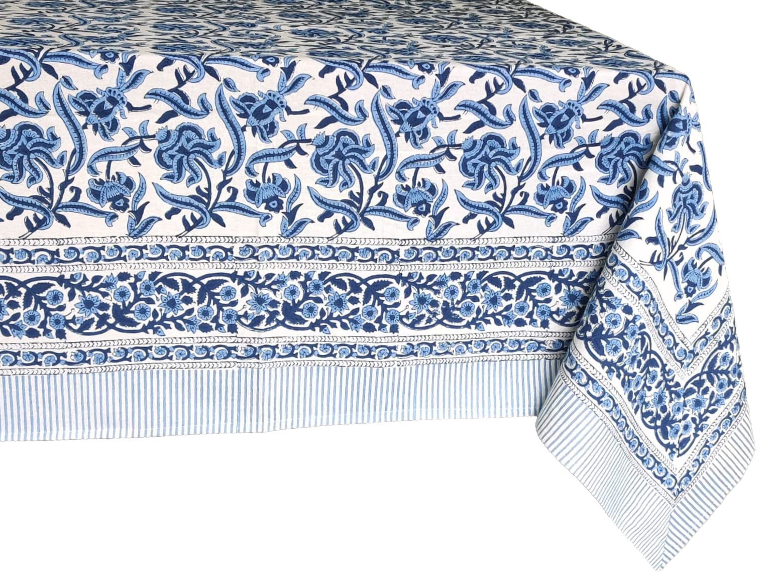 Atosii Midnight Bloom 100% Cotton Summer Tablecloth, Block Print Blue Rectangle Table Cloth For Dining Table Parties Wedding Out