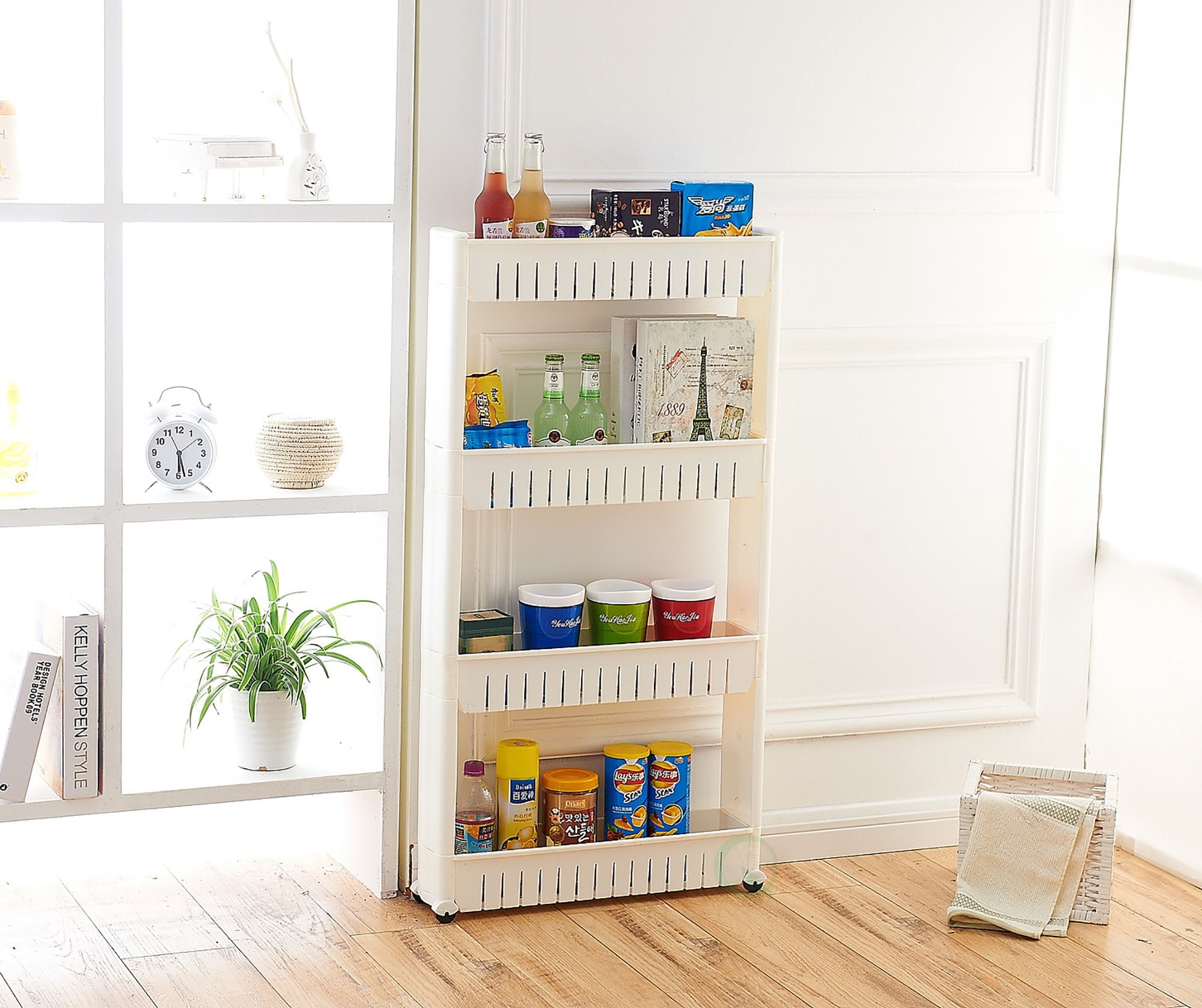 Basicwise Qi003220 Slim Storage Cabinet Organizer 4 Shelf Rolling Pull Out Cart Rack Tower With Wheels, White
