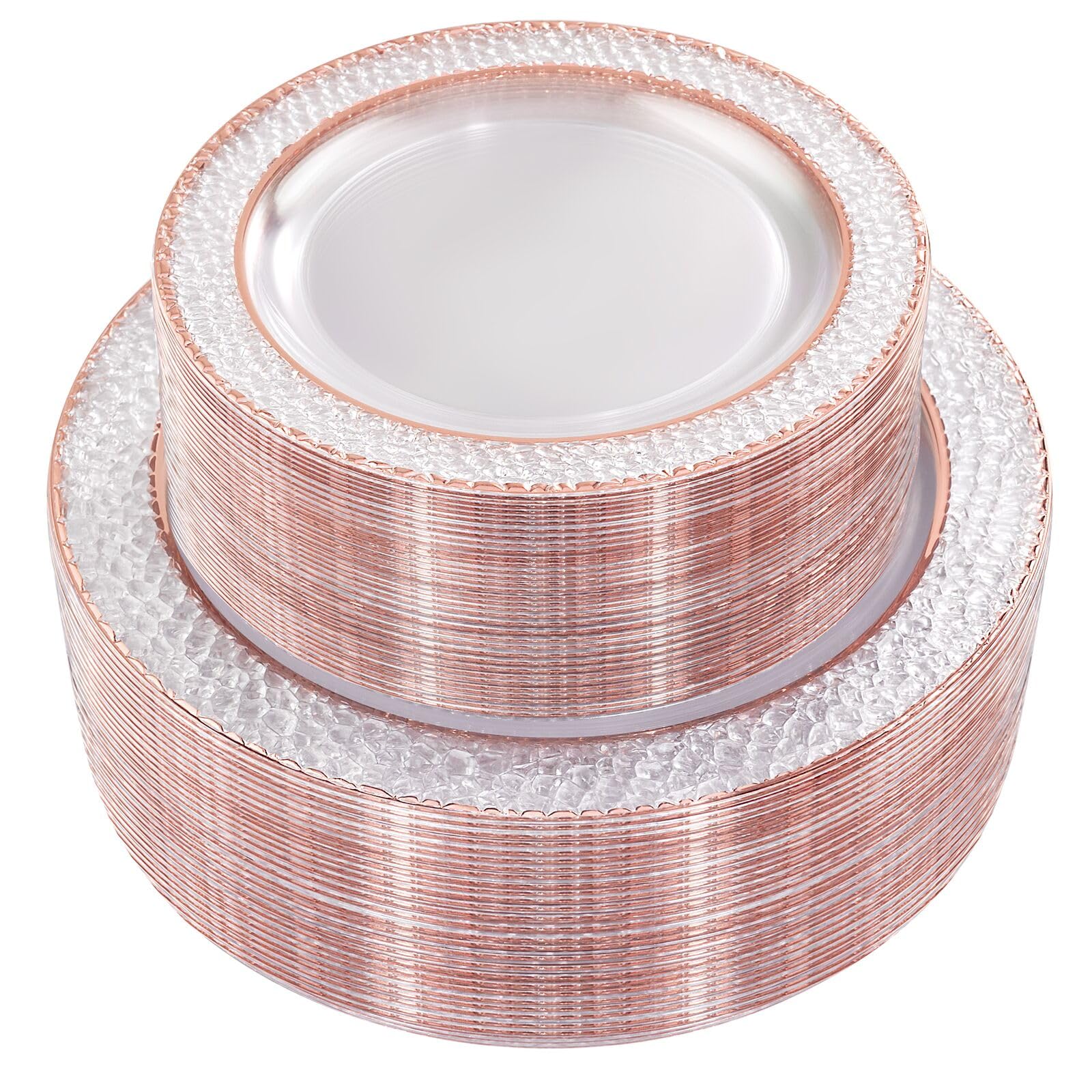Joyido 102Pcs Rose Gold Plastic Plates - Clear Rose Gold Disposable Plates Include 51Pcs 7.5Inch Dessert Plates 51Pcs 10.25Inch