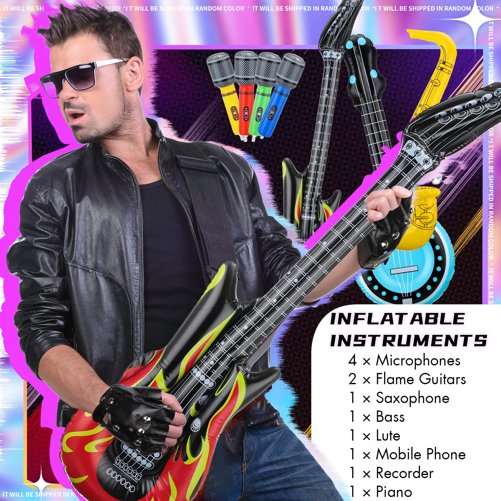 12 Pieces Inflatable Instruments Party Props Rock Star Toy Set Blow Up Guitars Inflatable Saxophone Bass Lute Microphones Mobile
