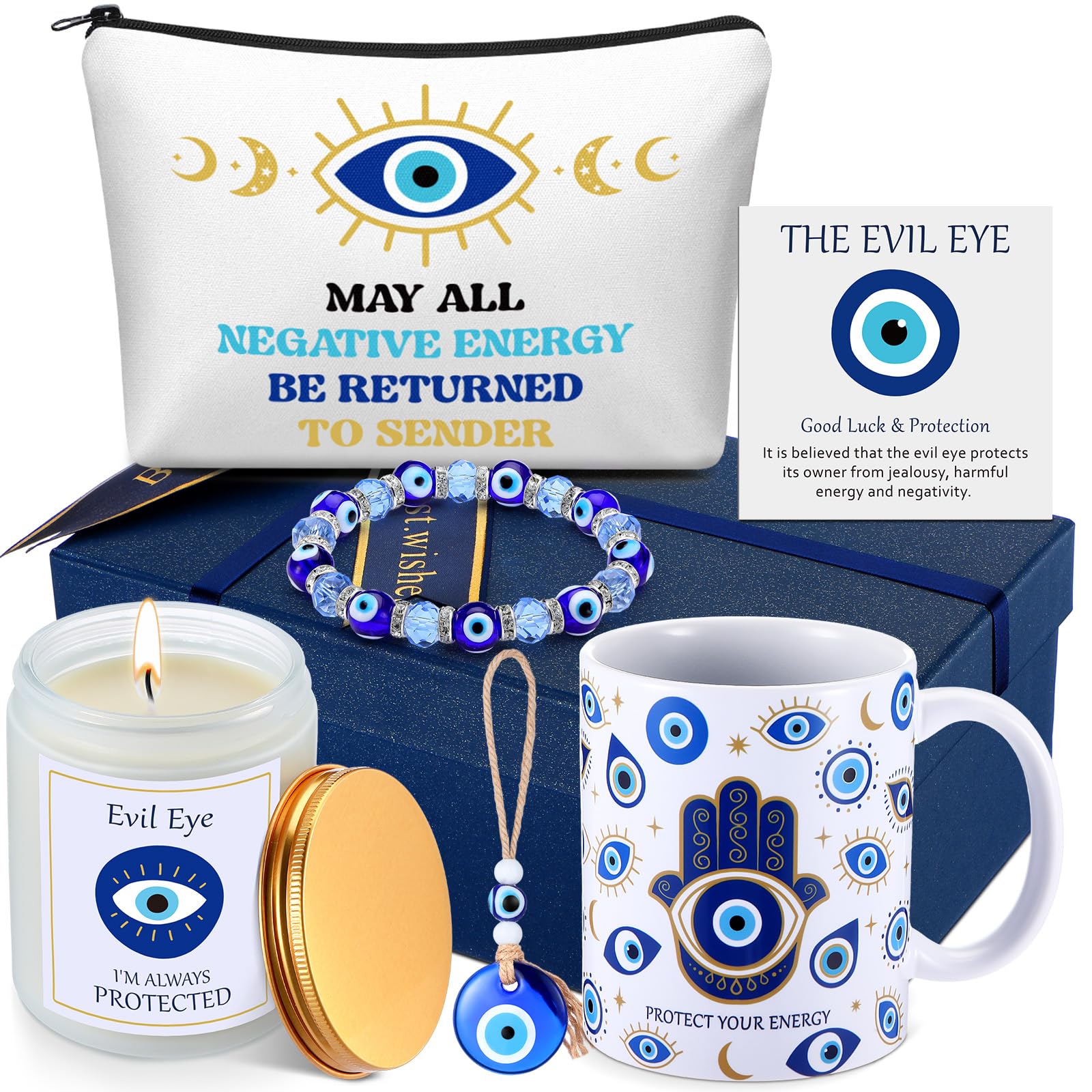 Skylety 8 Pcs Evil Eye Gift for Women Evil Eye Mug Protection Candle Bracelet Charm Makeup Bag Good Luck Card Spiritual Gift for