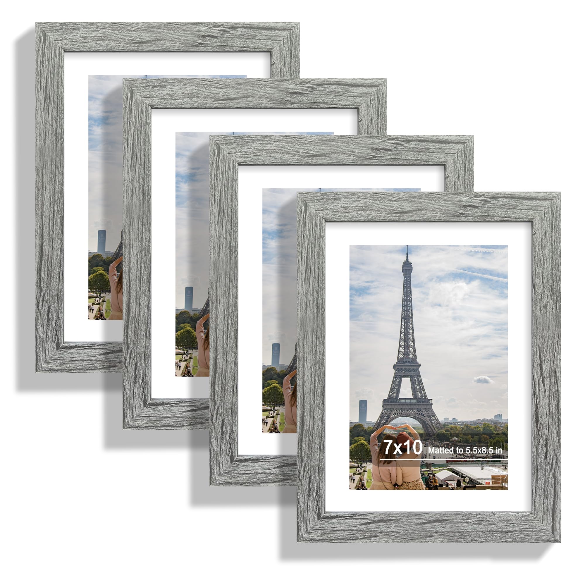 Hongkee 7x10 Picture Frame Set of 4, Made of Real Glass and Grey Frame - Display Picture 5.5x8.5 with Mat or 7x10 Without Mat, 7