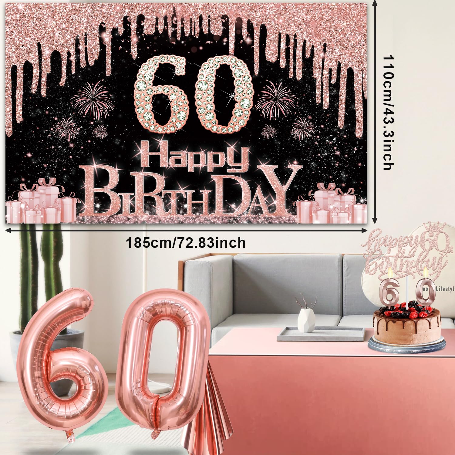 60Th Birthday Decorations For Women With Banner, Rose Gold Tablecloth, Number Balloons, 60Th Birthday Sash And Tiara, Cake Toppe