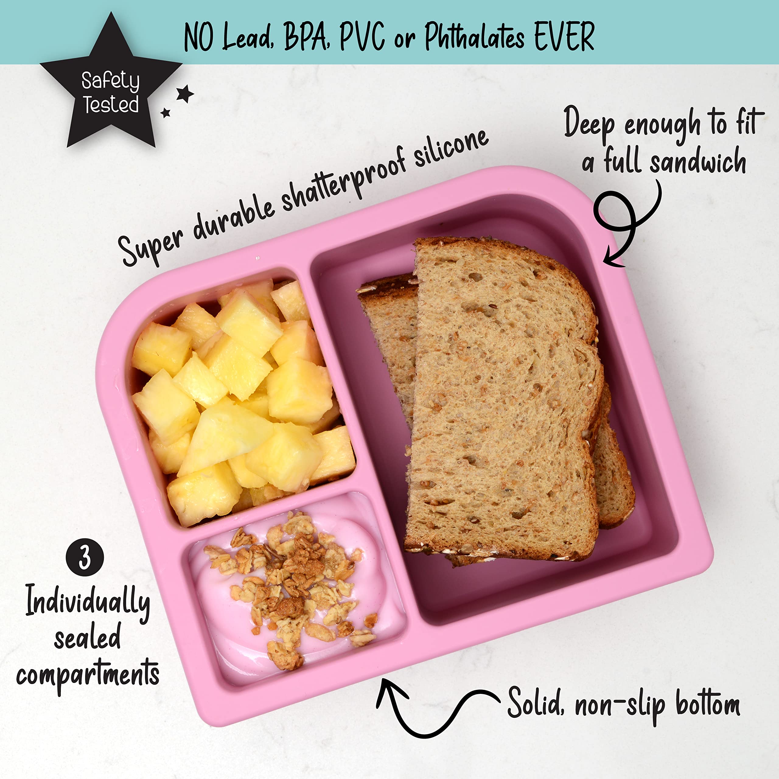 Primastella Unbreakable Silicone Lunch Box For Kids And Adults - Leak Proof Divided Bento Box (Plum)