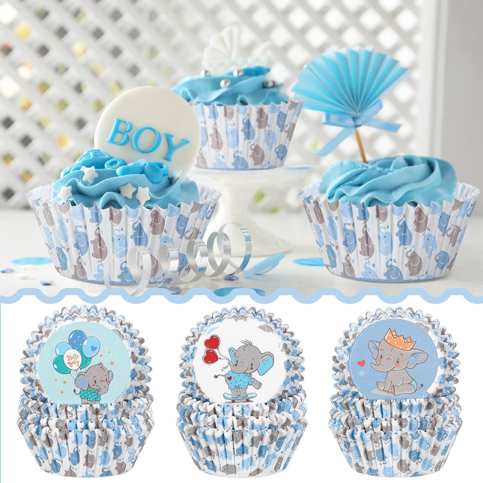 300 Count Baby Shower Cupcake Liners Boy Elephant Muffin Cups Paper Liners Blue Cupcake Wrappers Baking Cups Baking Liners Holde