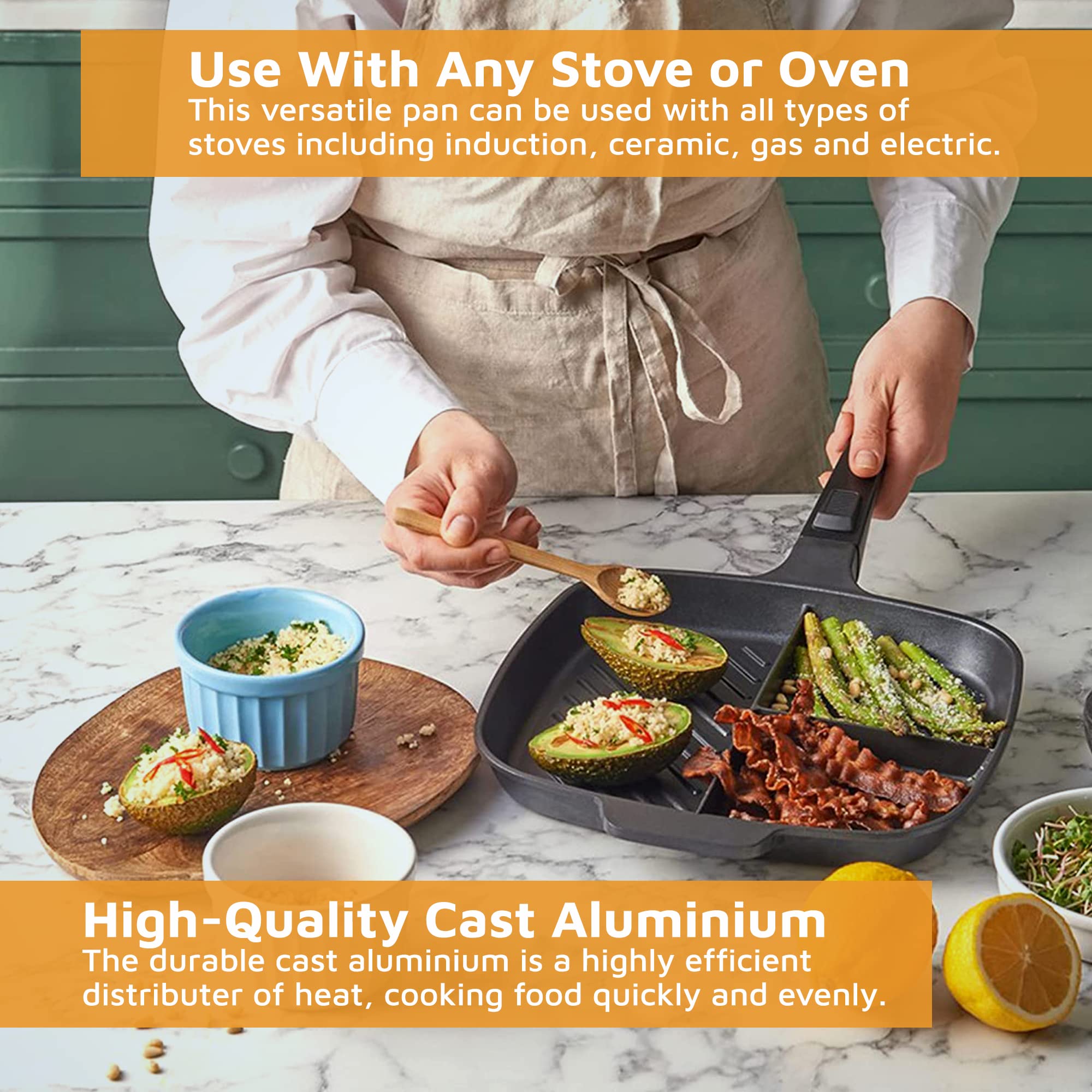 Jean-Patrique Divided Stove Top Grill Pan - 3 Section Breakfast Pan With Divider - Divided Frying Pan With Multi Sections - Grid