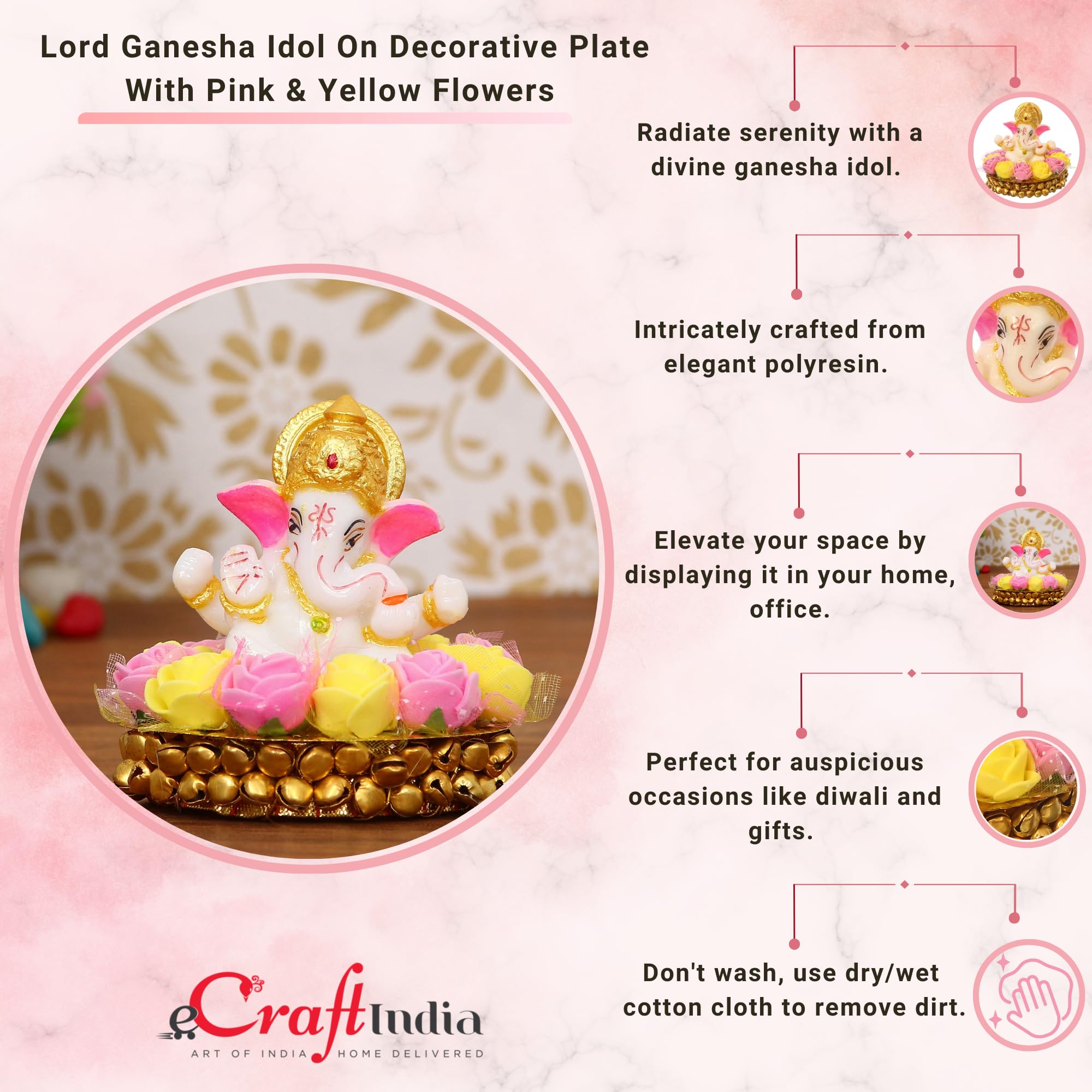 eCraftIndia Lord Ganesha Idol on Decorative Handcrafted Plate with Pink and Yellow Flowers