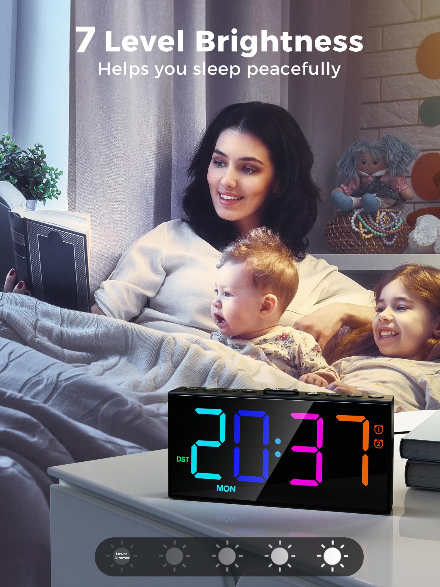 PPLEE RGB Digital Alarm Clock for Bedrooms with Day Display, Loud Dual Alarms for Heavy Sleepers, Plug-in Bedside Clock with USB