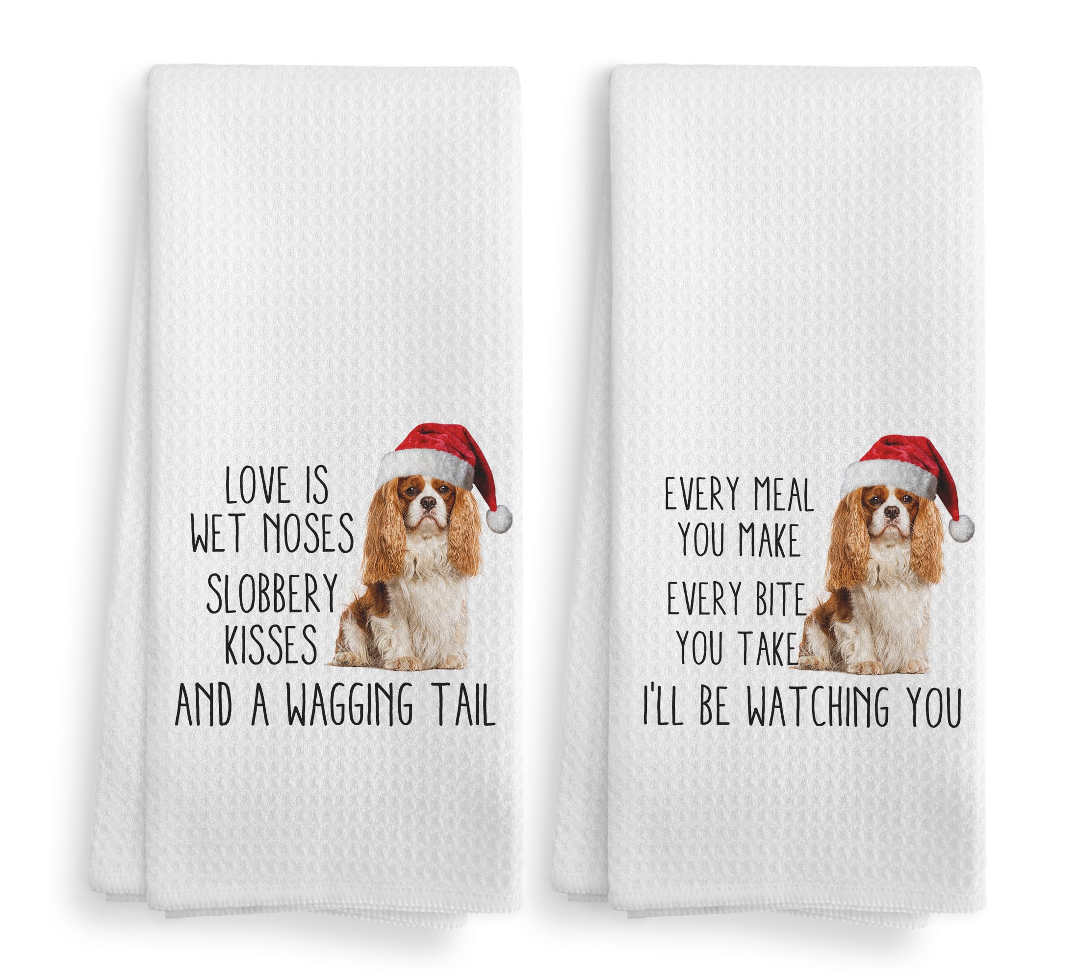 NOQL Christmas Cavalier King Charles Spaniel Dog Kitchen Towels and Dishcloths Set of 2, Christmas Dish Towels, Spaniel Gifts, 1