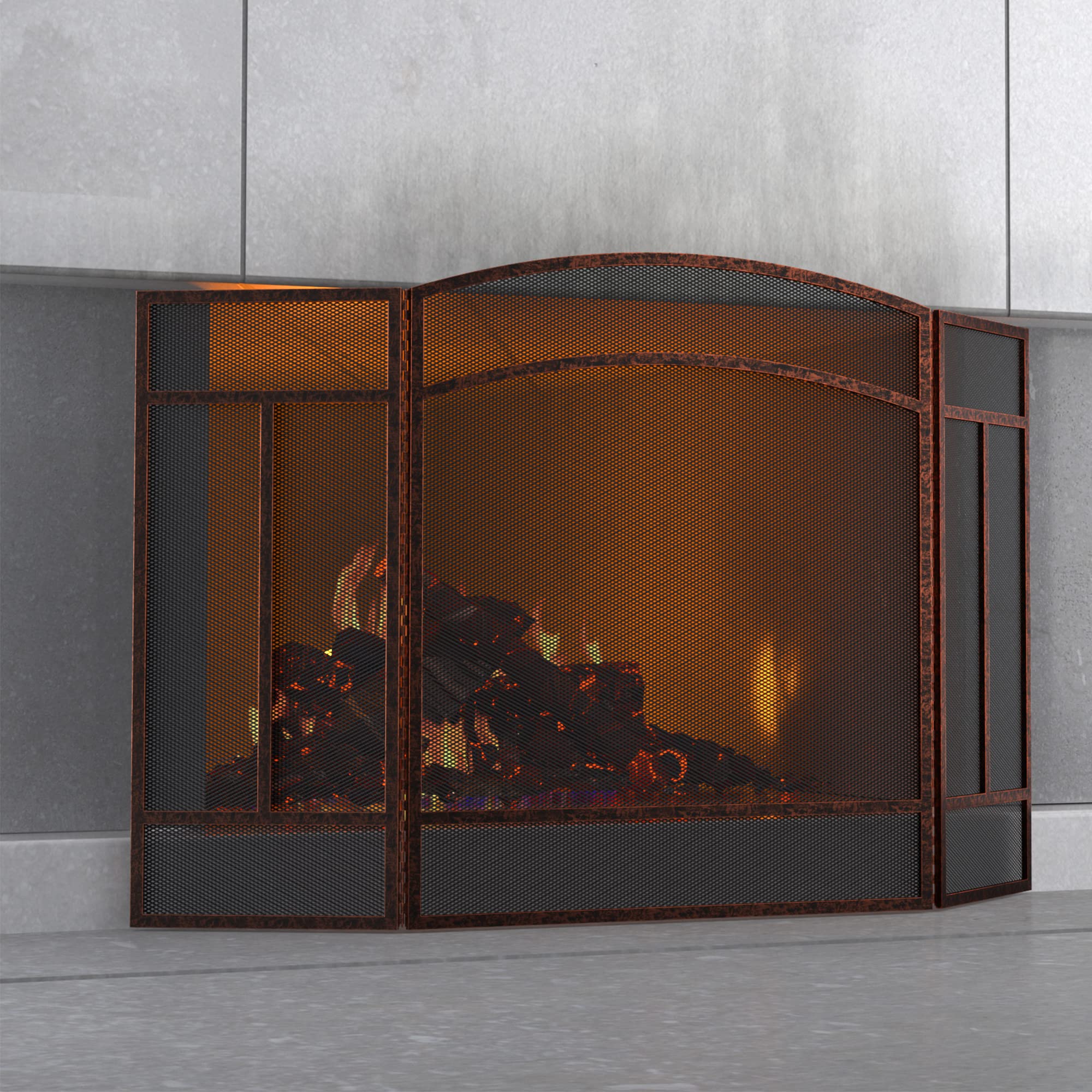 Fire Beauty Fireplace Screen 3 Panel Wrought Iron 48''(L) X 29''(H) Spark Guard Cover(Brushed Copper)
