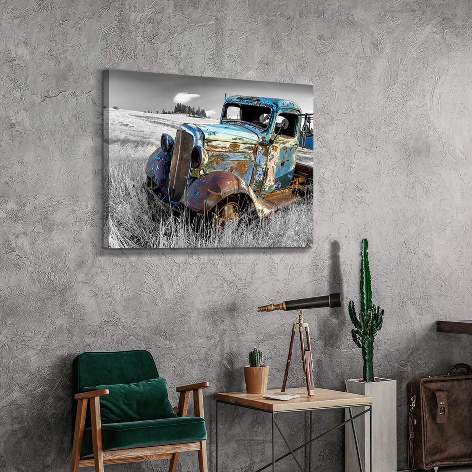 Artistic Path Rusty Truck Canvas Wall Art: Vintage Blue Car Pictures Country Artwork Prints For Living Room (36'' W X 24'' H,Mul