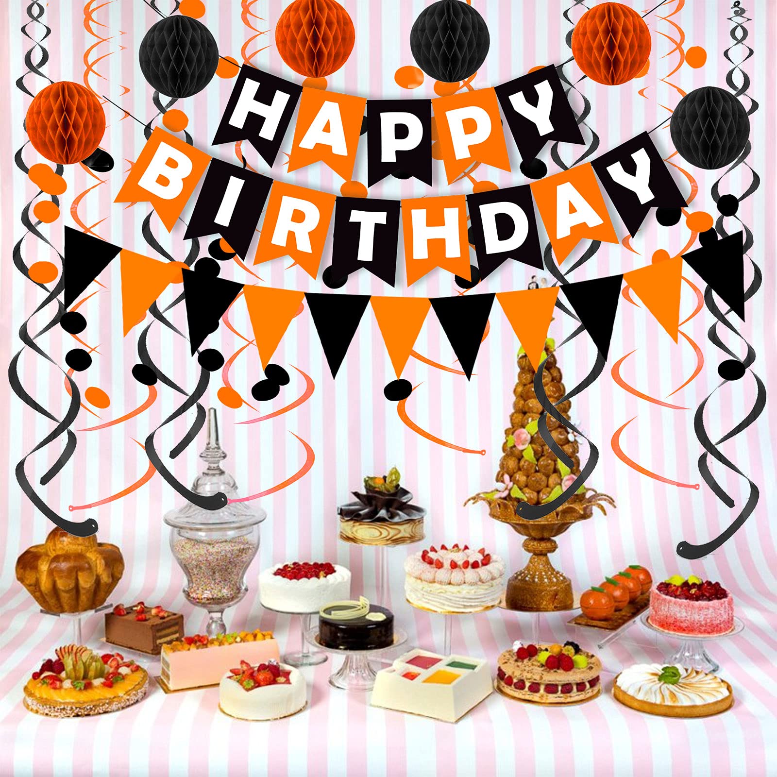 Fecedy Black Orange Happy Birthday Banner Paper Triangle Flag Bunting Circle Confetti Dots Hanging Garland And Honeycomb Ball Sw