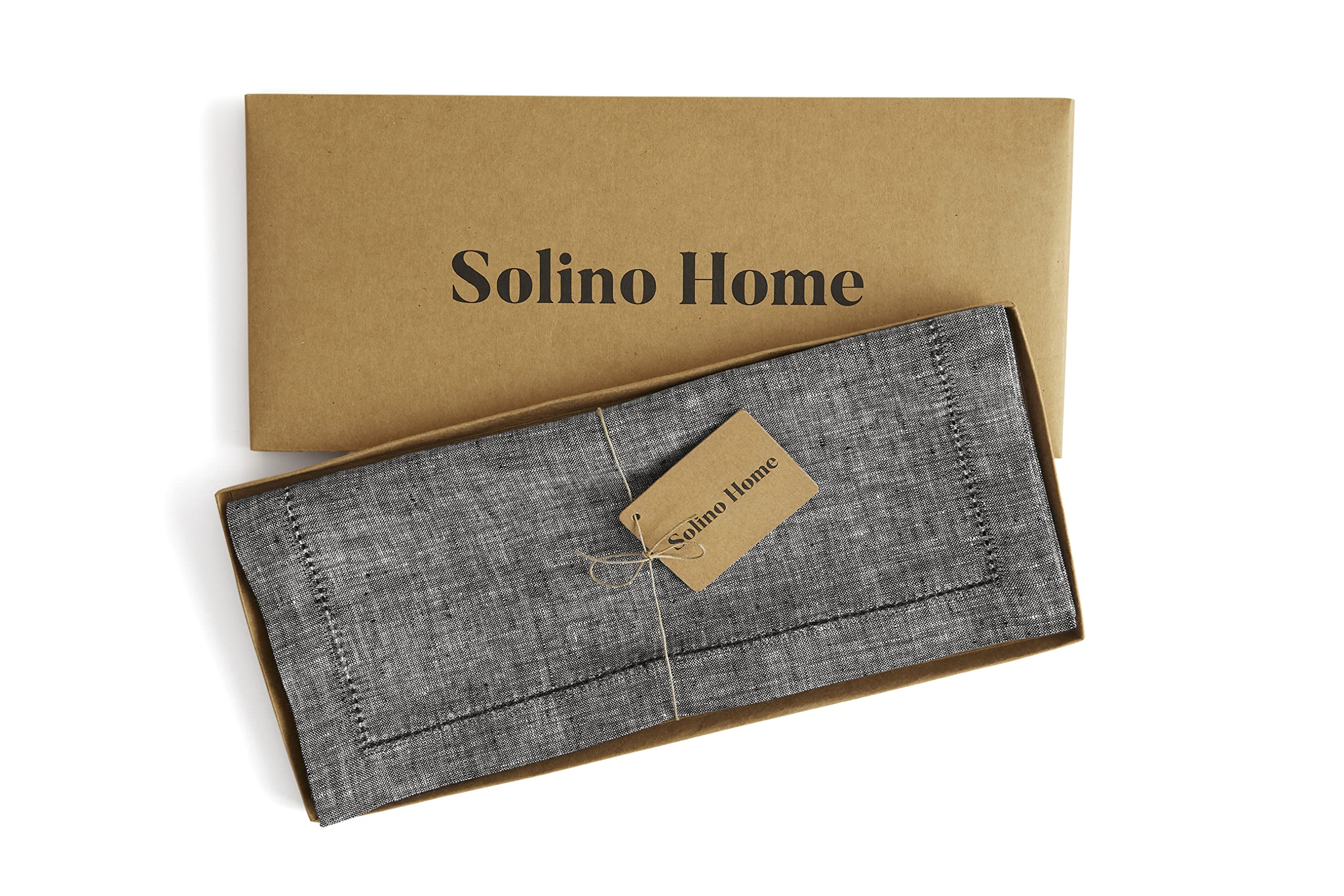 Solino Home Linen Table Runner 14 x 72 Inch - Chambray Black  100% Pure Linen Hemstitch Table Runner for Spring  Summer  Dining - Milan  Machine Washable and Handcrafted from European Flax