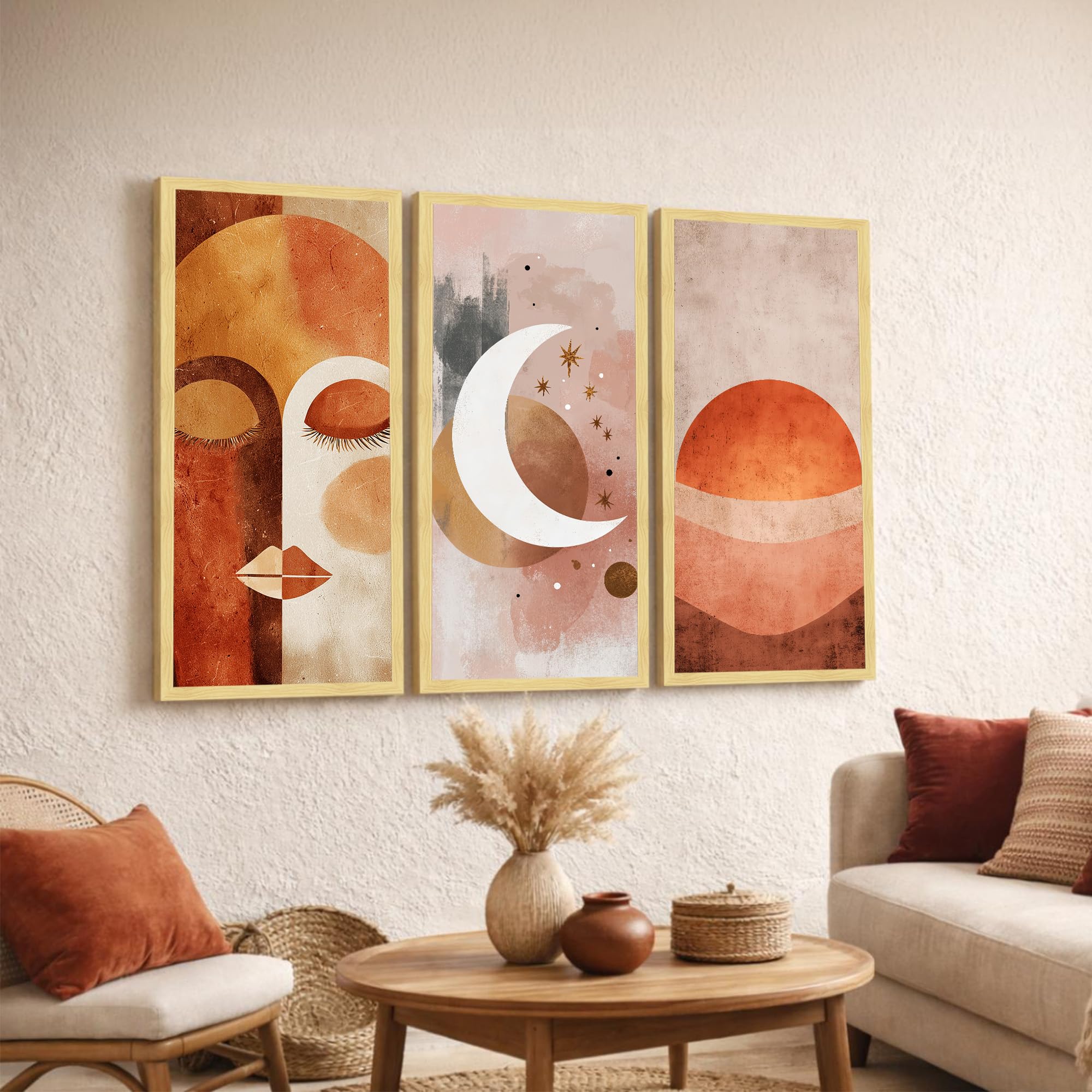 Paintingmantra Abstract Face & Celestial Framed Wall Art Set Of 3 | Modern Boho Art Prints With Engineered Wood Frame | Wall Dco