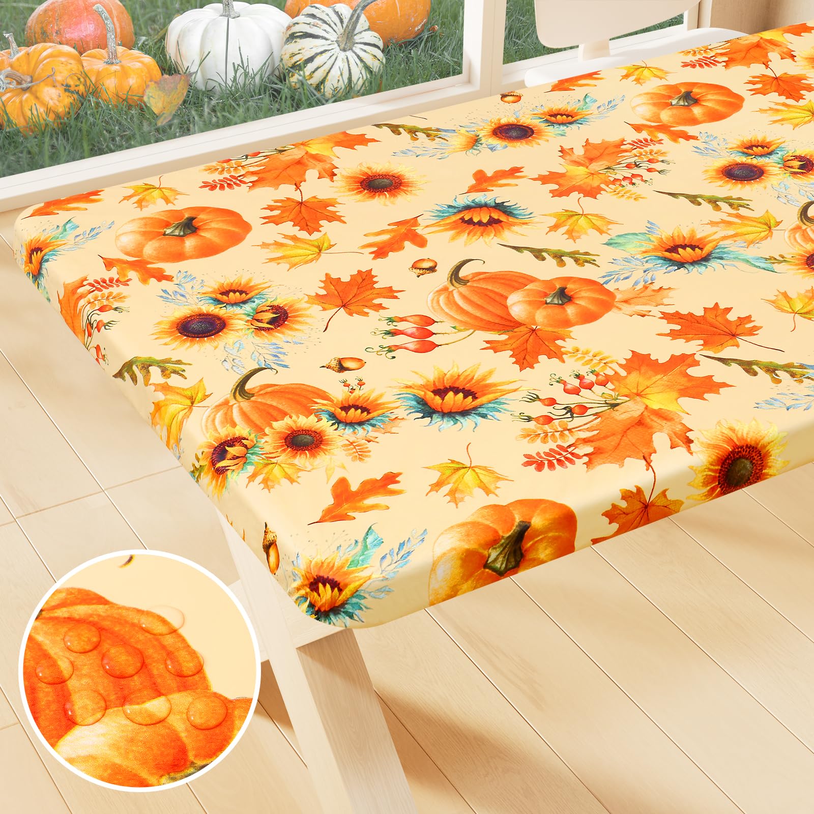 Smiry Plastic Thanksgiving Tablecloth, Sunflower & Pumpkin Wipeable Flannel Backed Vinyl Tablecloths for 6 Foot Tables, Waterpro