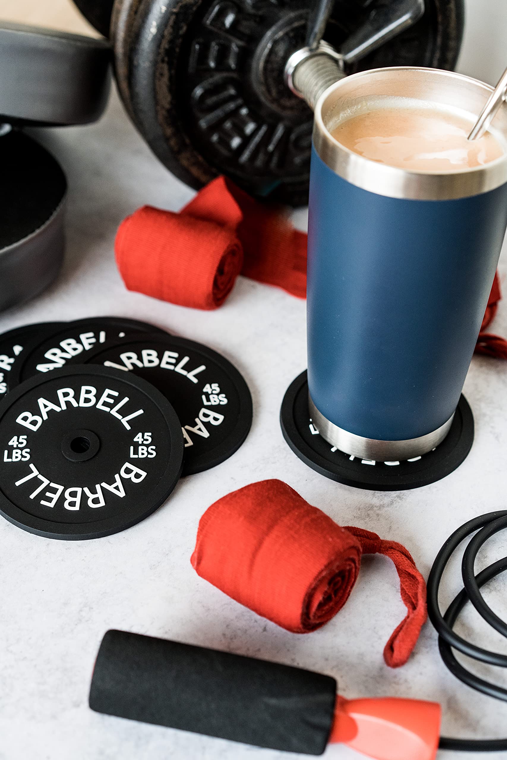 6 Set Barbell Bumper Plate Drink Coasters, Round Black Silicone Coasters, Coasters For Coffee Table, Coasters For Drinks, Absorb