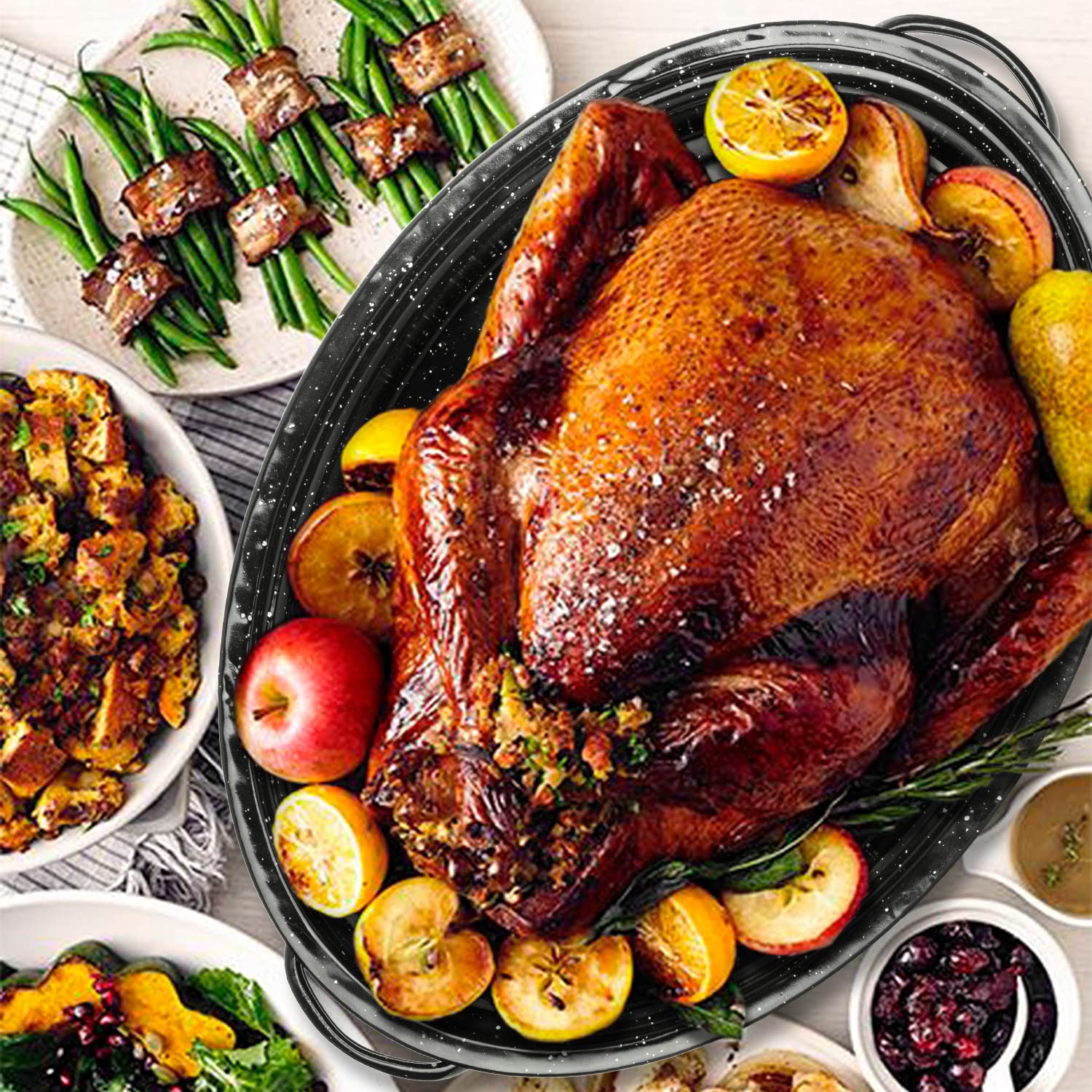 Granite Roasting Pan, Medium 16    Enameled Roasting Pan With Domed Lid. Oval Turkey Roaster Pot, Broiler Pan Great For Small Tu
