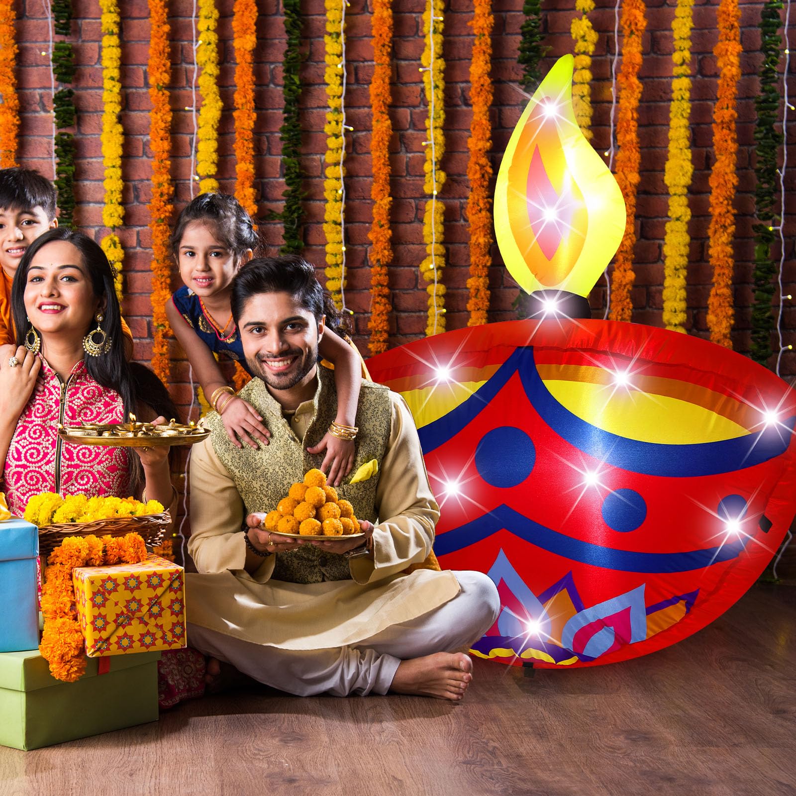 VIHOSE 4.27 ft Happy Diwali Inflatables Outdoor Decorations Diyas Oil Lamp Blow up Yard Decor Tea Light Style Indian Diwali with