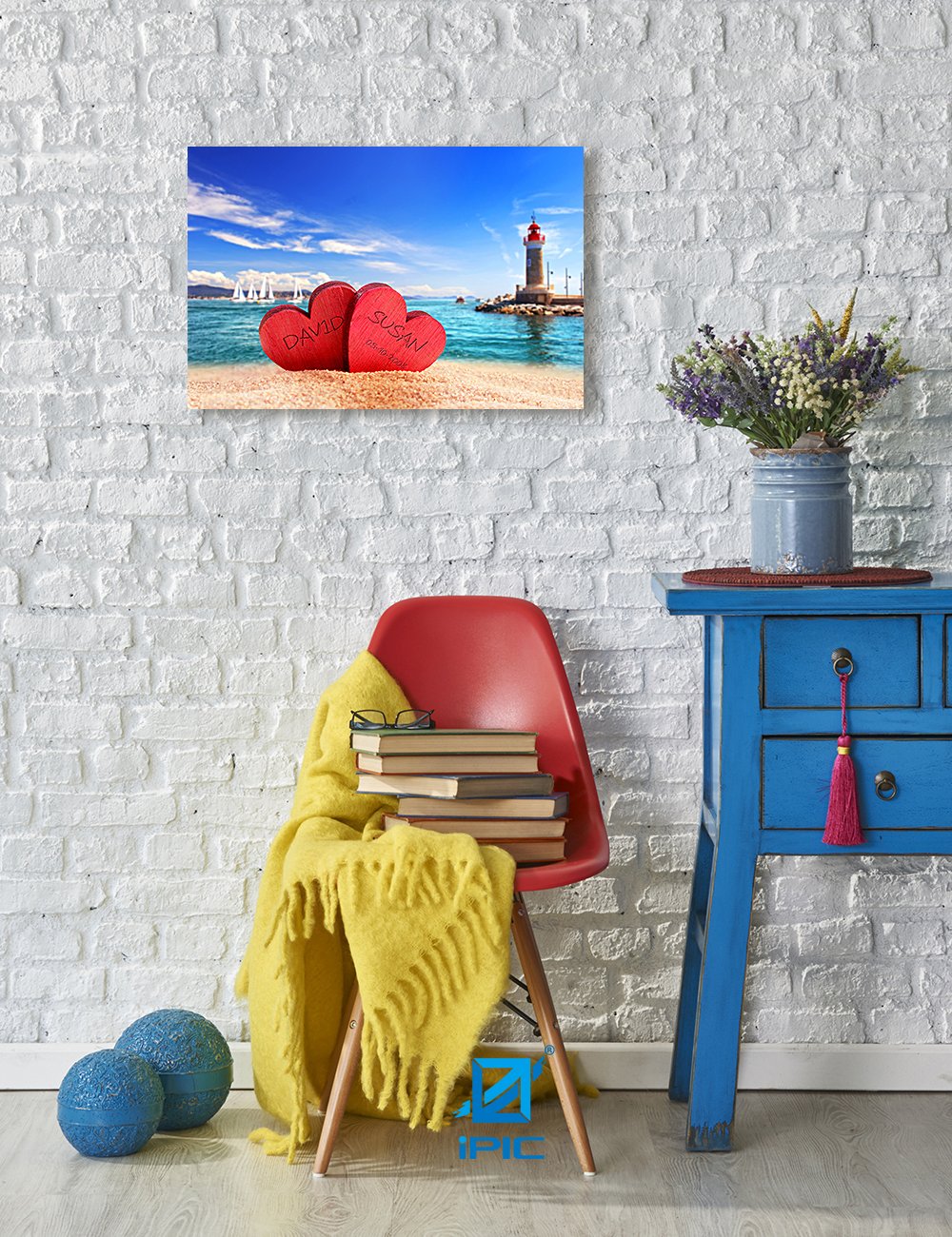 Ipic - Beach Lovers, Personalized Canvas Artwork With Names And Date On, Customized Gift For Anniversary, Wedding, Birthday And