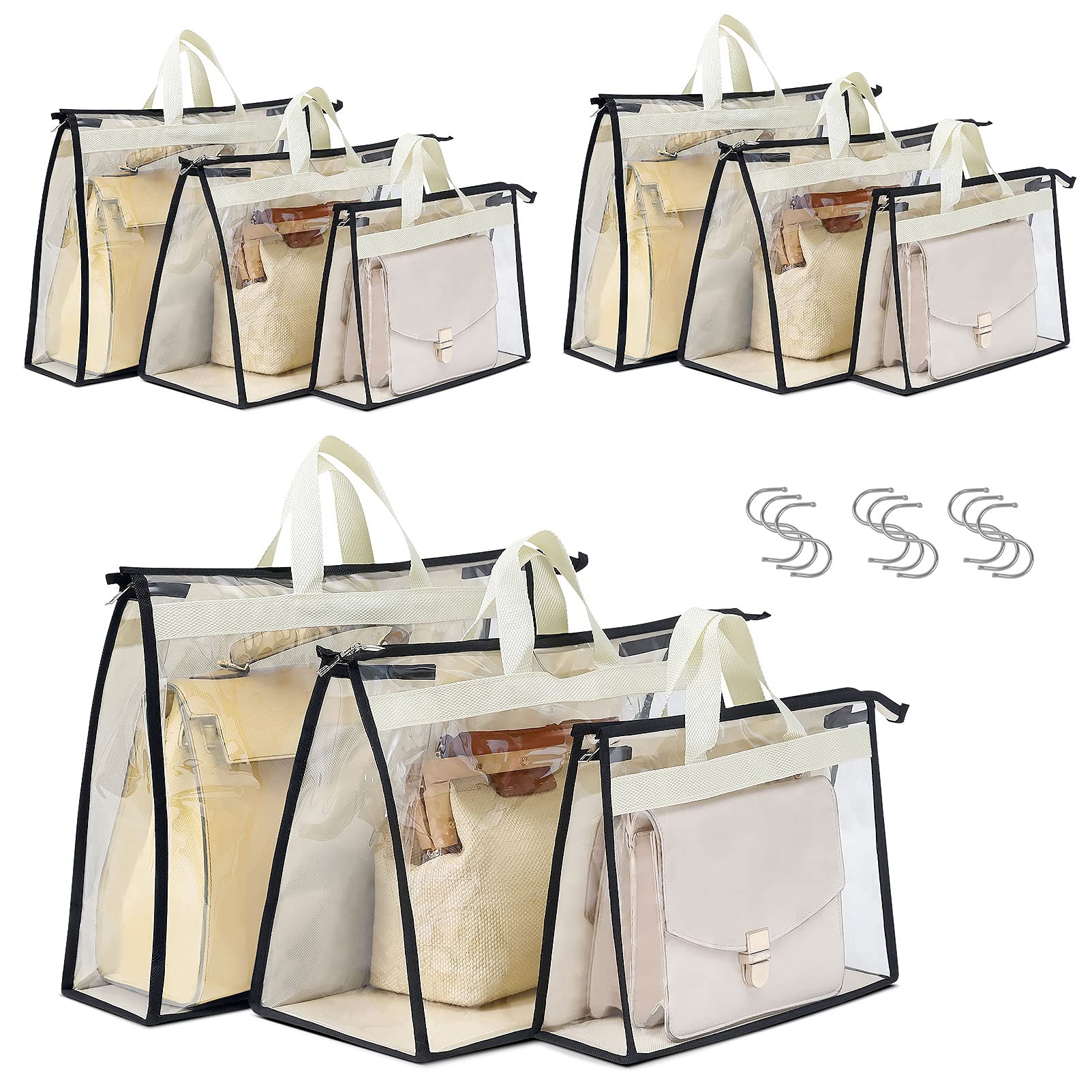 Interesse 9 Pack Dust Bags For Handbags, Clear Handbag And Purse Storage Organizer For Hanging Closet With Zipper, Handles And H
