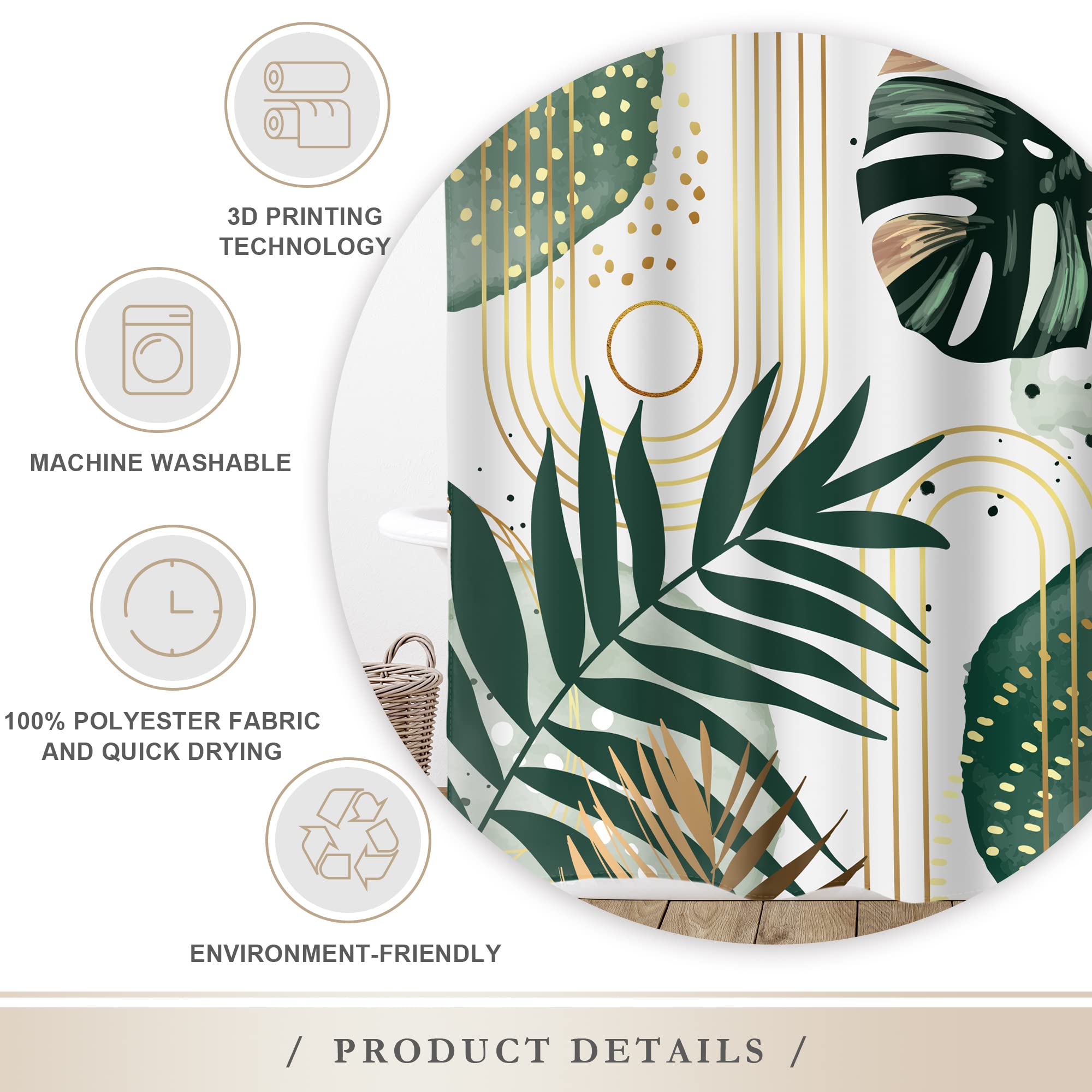 Glawry Green Abstract Shower Curtain For Bathroom Boho Gold Tropical Leaves Palm Leaf Monstera Modern Bath Minimalist Simple Aes
