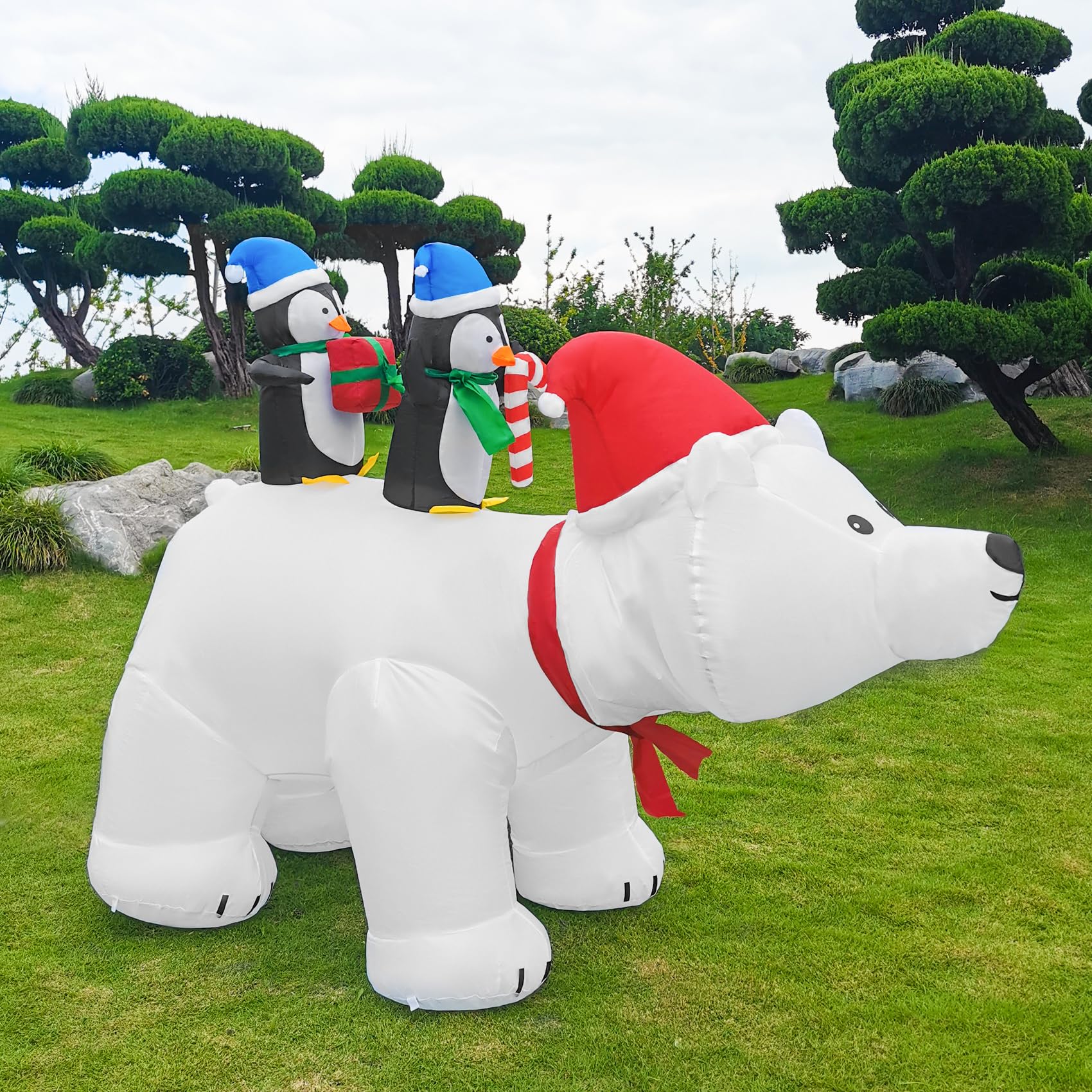 DearSun 7FT L Christmas Inflatable Penguins on Polar Bear with Shakable Head, Blow up Christmas Inflatable with Build-in LED Lig