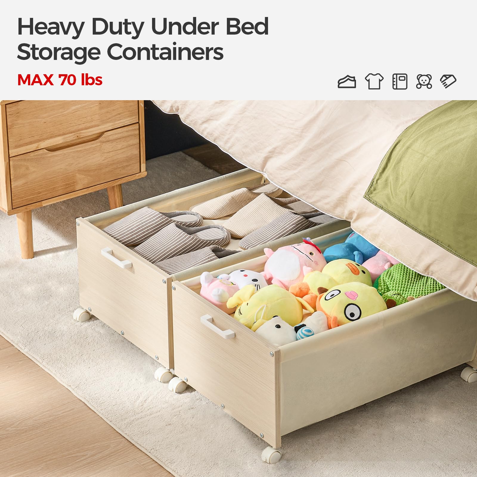 FOUCSSOMEI Under Bed Storage with Wheels, Under Bed Drawers Heavy Duty, 2 Packs, Wooden Under Bed Storage Containers Organizer,